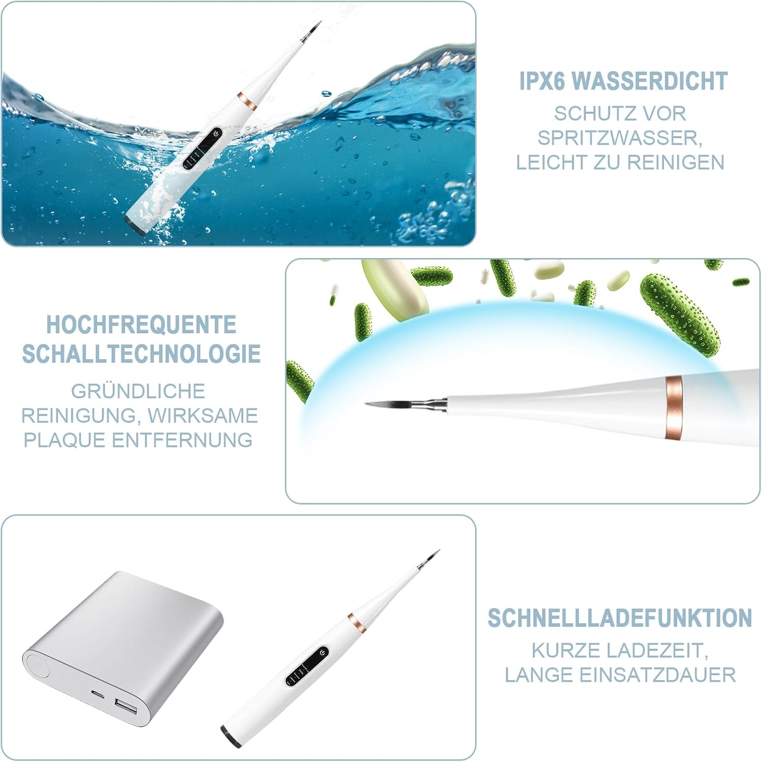 Produktmerkmale des elektrischen Zahnreinigers mit IPX6 Wasserdichtigkeit, Ultraschalltechnologie und Schnellladefunktion.