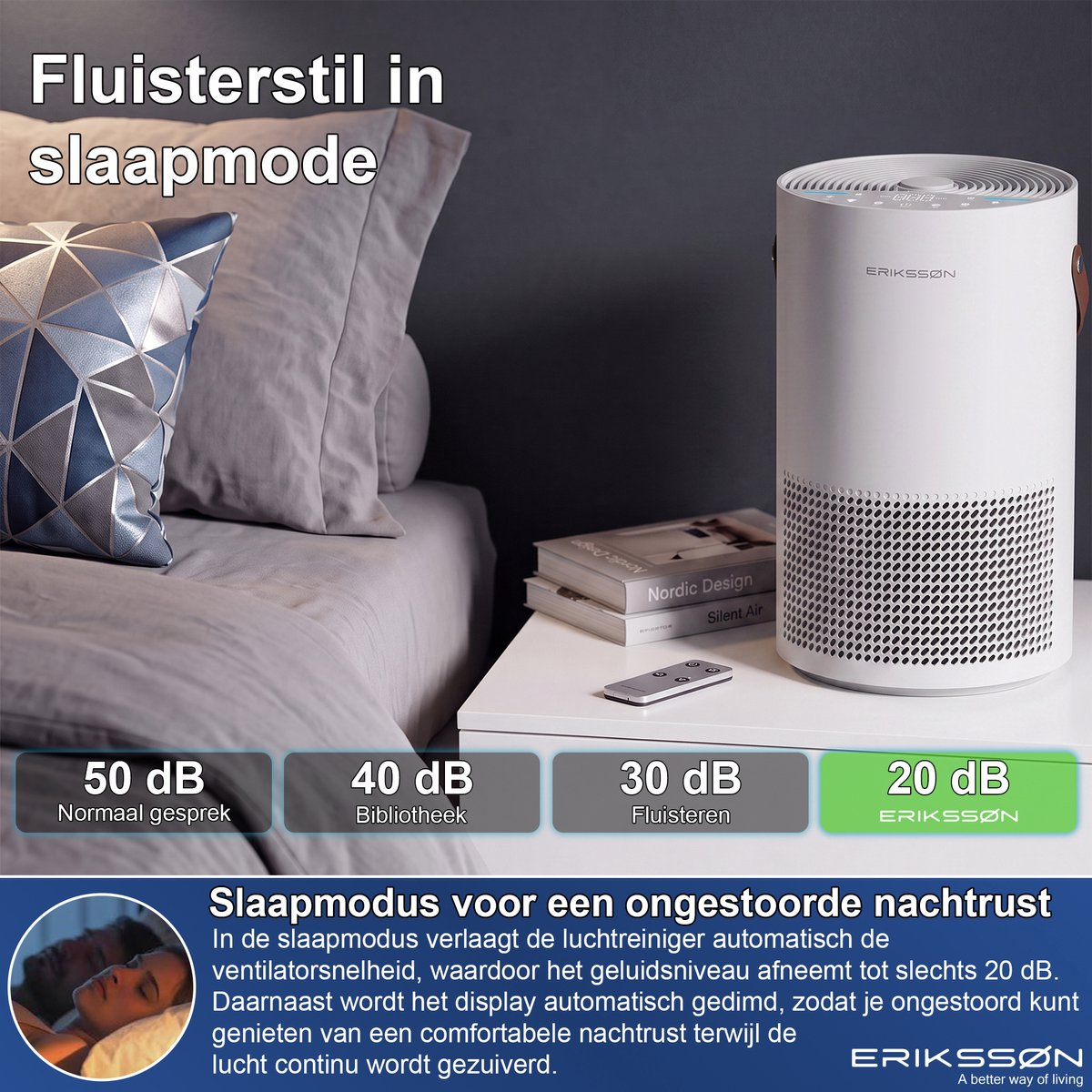 Ein weißer Erikssøn-Luftreiniger steht auf einem Nachttisch in einem Schlafzimmer.