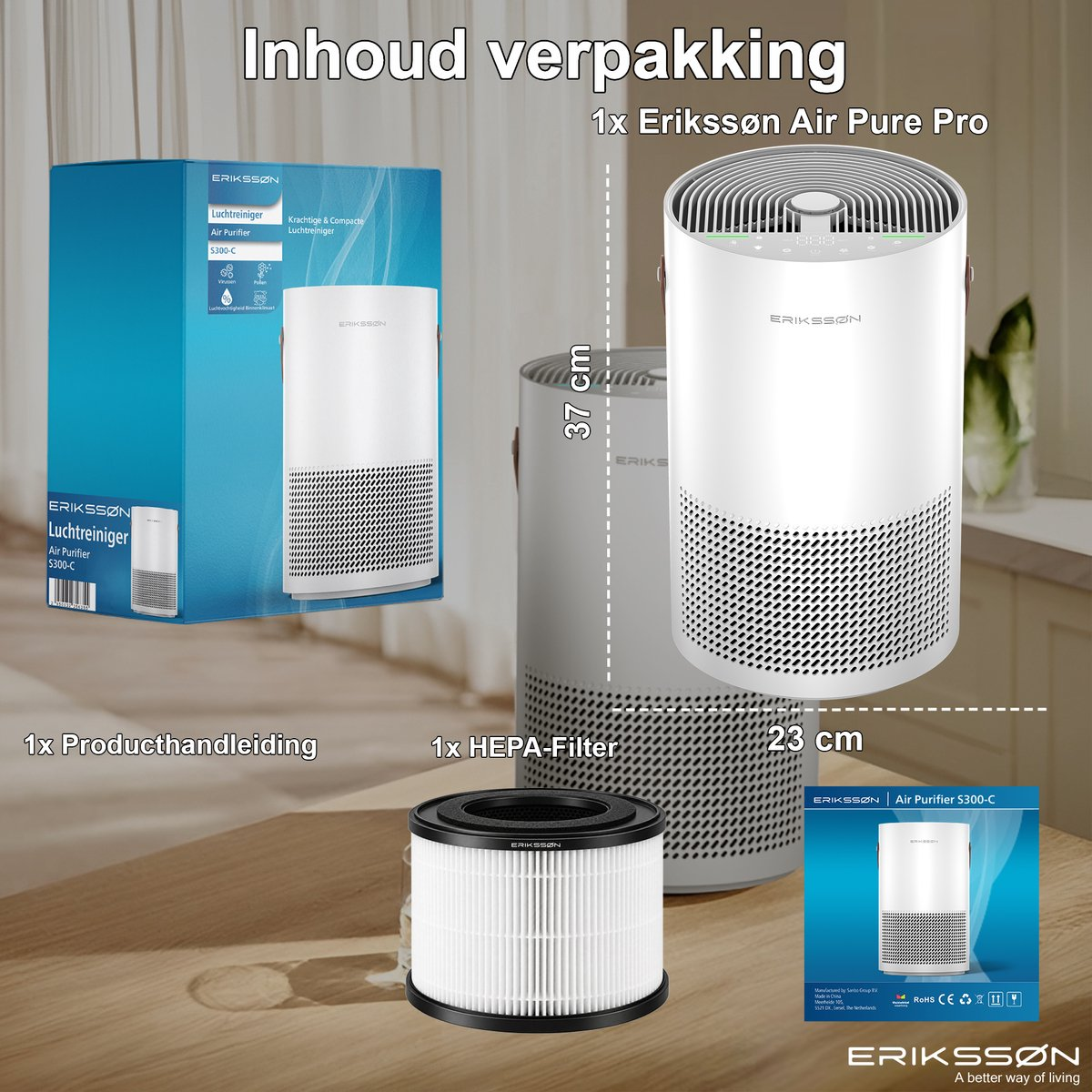 Eriksson Air Pure Pro Luftreiniger mit Box, HEPA-Filter und Maßen von 37x23 cm.