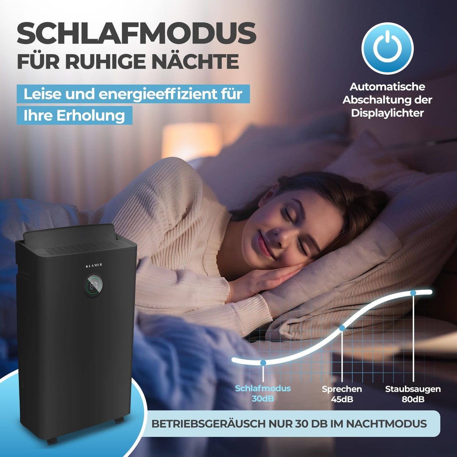 Eine Frau schläft friedlich im Bett neben einem leisen schwarzen Luftentfeuchter mit 30 dB.