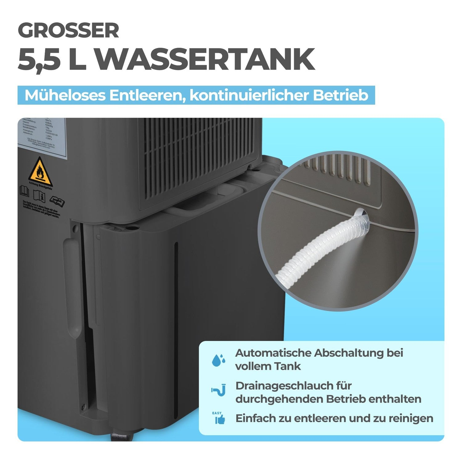 Luftentfeuchter mit großem 5,5-L-Wassertank und Drainageschlauch für Dauerbetrieb vor blauem Hintergrund.