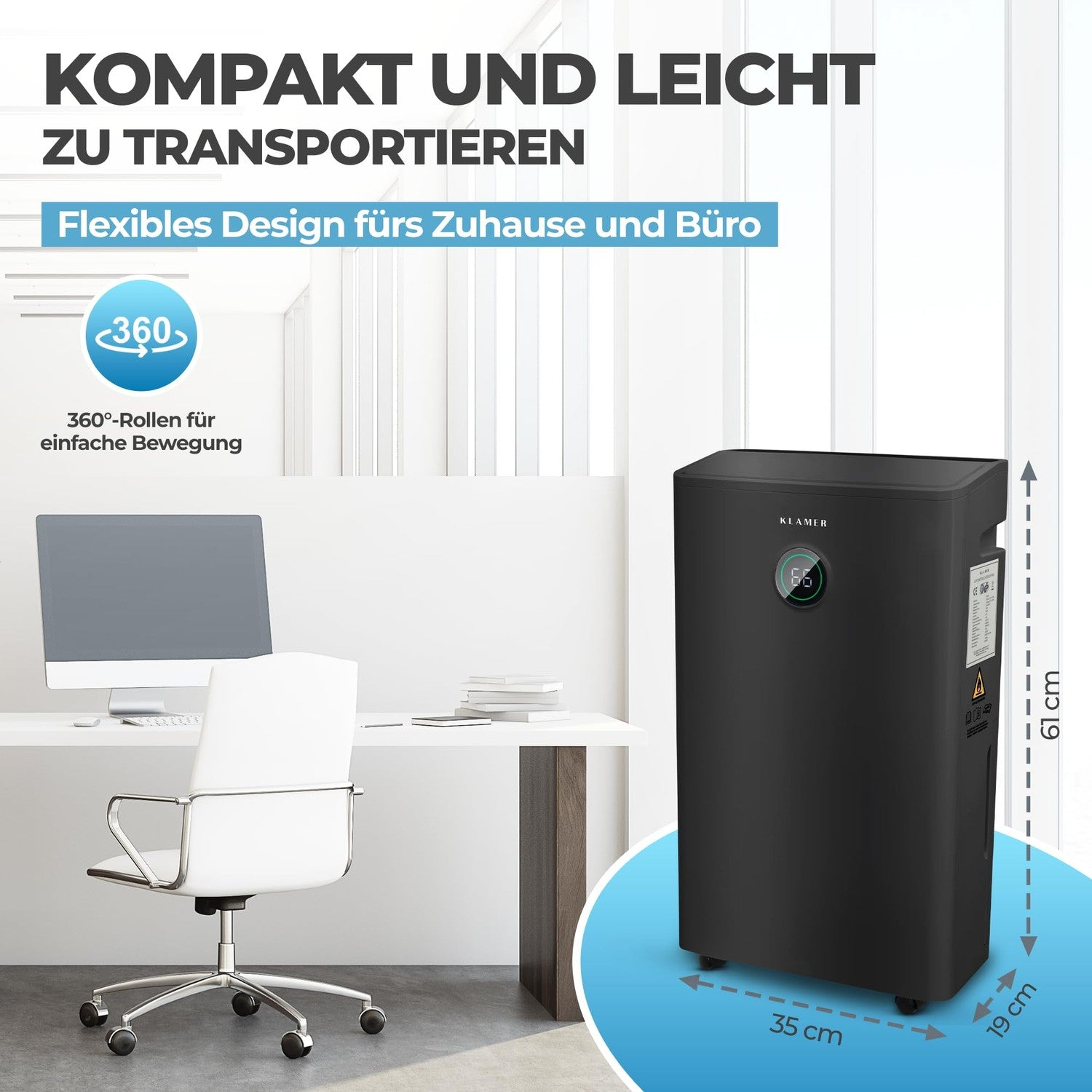 Schwarzer Entfeuchter in einem hellen Büro mit den Maßen 61x35x19 cm und Text-Overlays.
