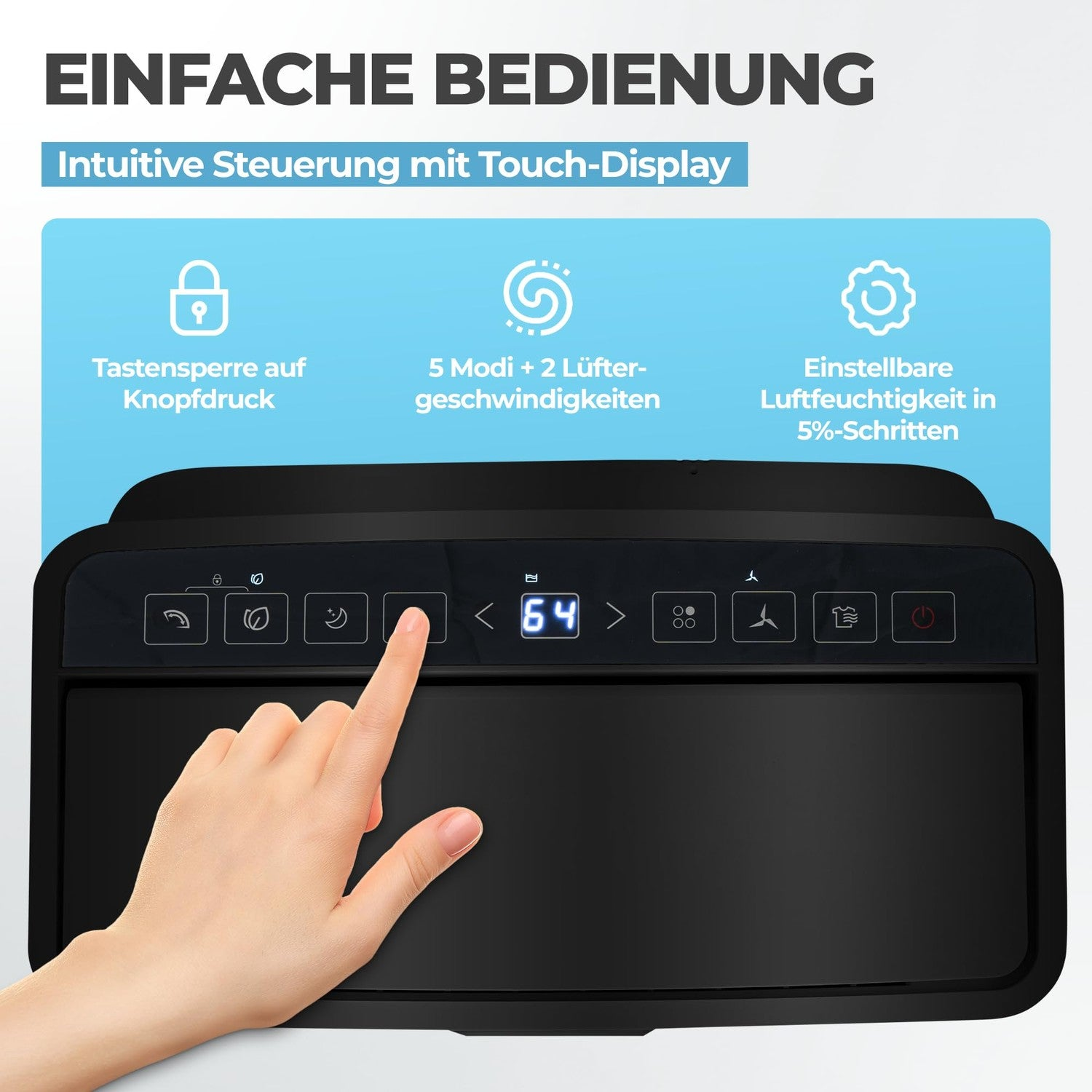 Hand bedient das Touch-Display eines schwarzen Geräts mit Funktionssymbolen und Digitalanzeige.