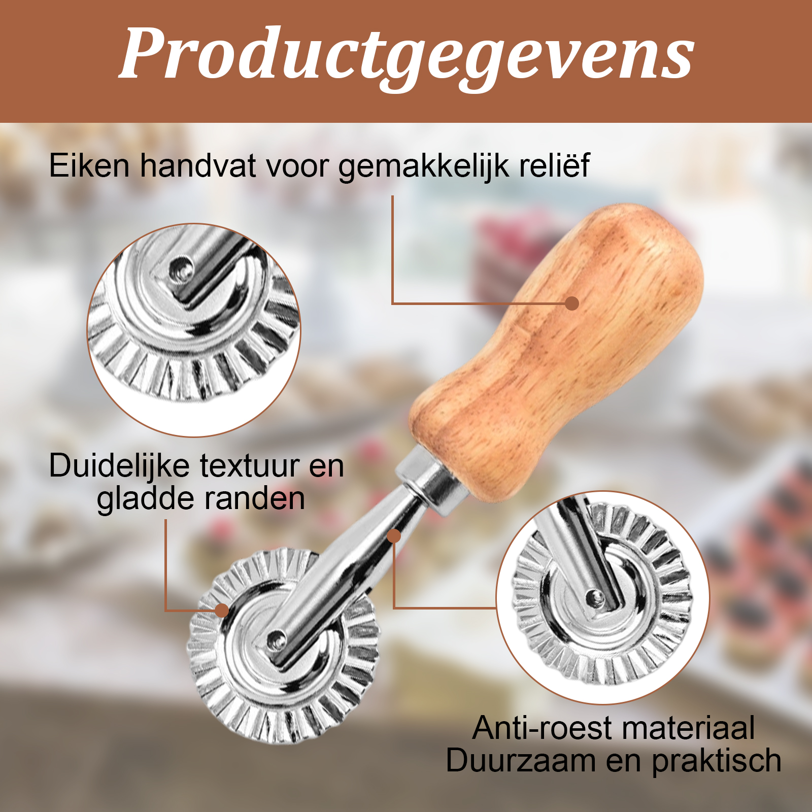 Pastarädchen mit Holzgriff, Edelstahlklinge und Detailaufnahmen.