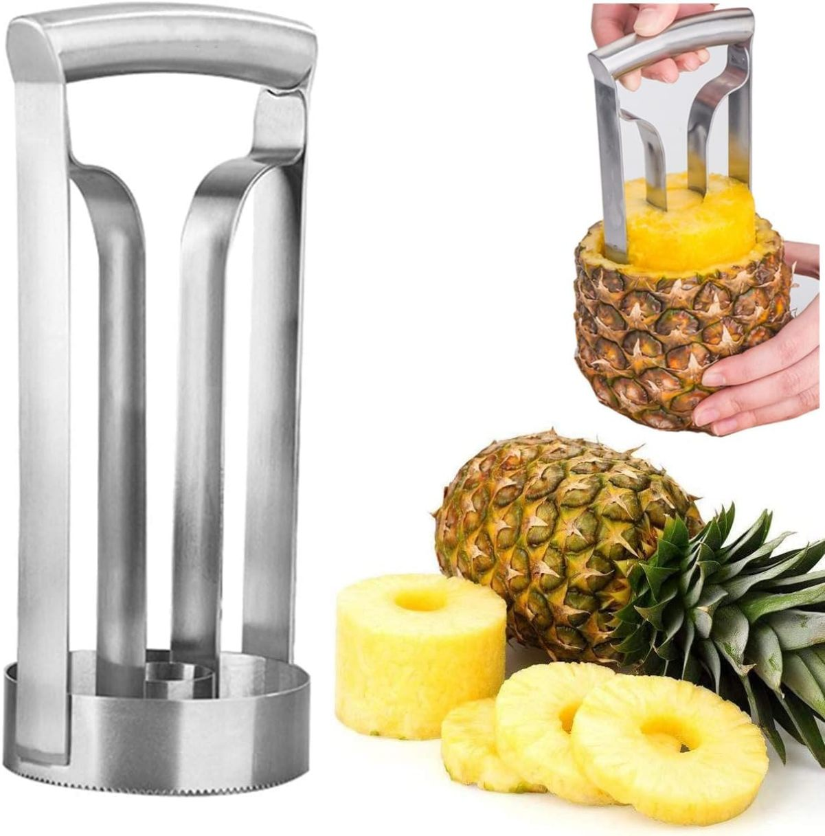 Edelstahl-Ananasschneider und -kernhaus auf weißem Hintergrund, mit ganzem Obst und Scheiben.