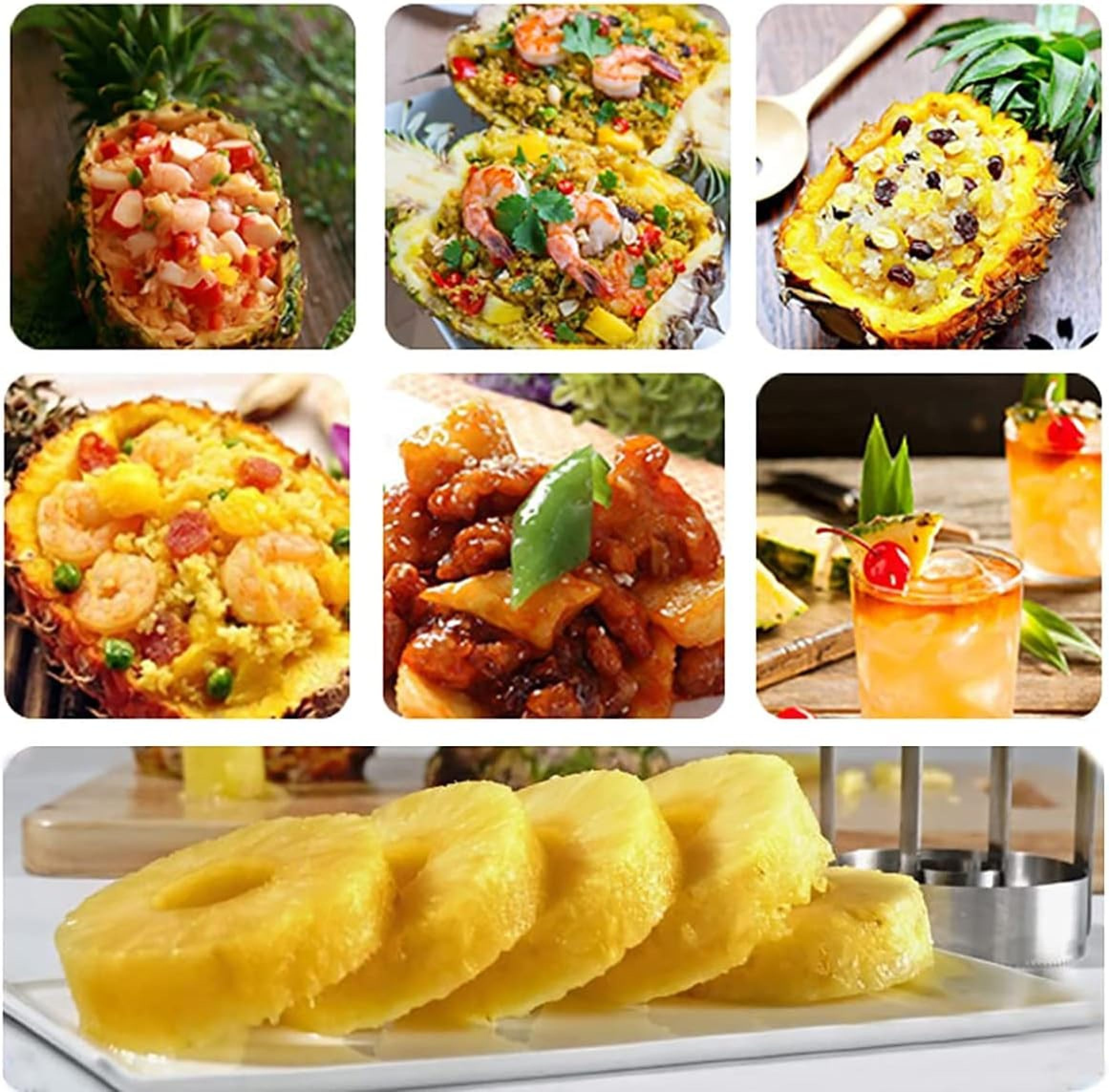 Eine Collage von mit Garnelen, Reis und Früchten gefüllten Ananasschalen sowie Cocktails und Ananasscheiben.