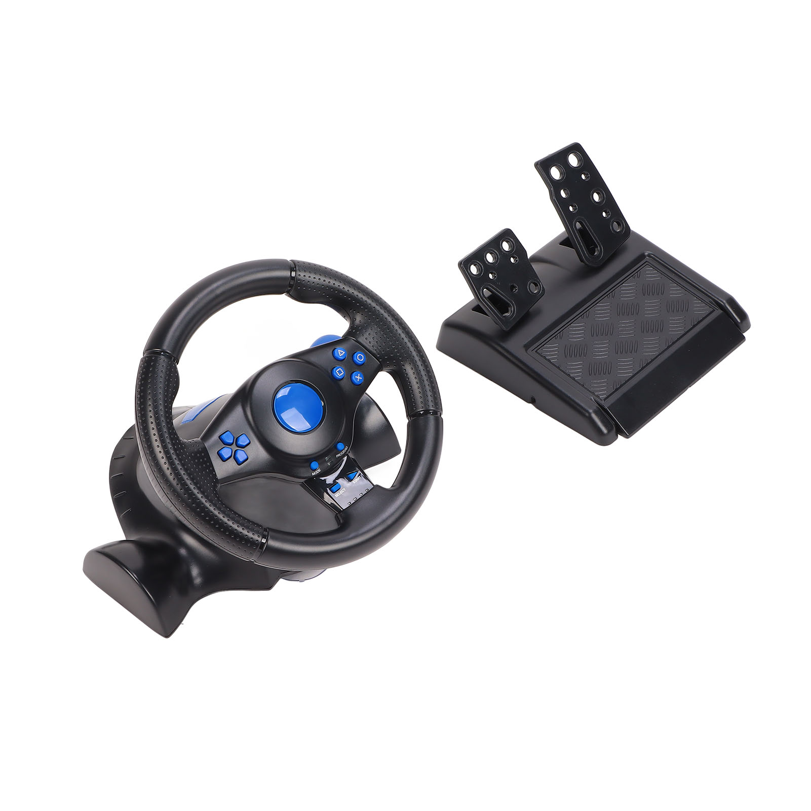 Ein schwarzes Rennlenkrad mit blauen Akzenten und dazugehörigen Pedalen auf weißem Hintergrund.