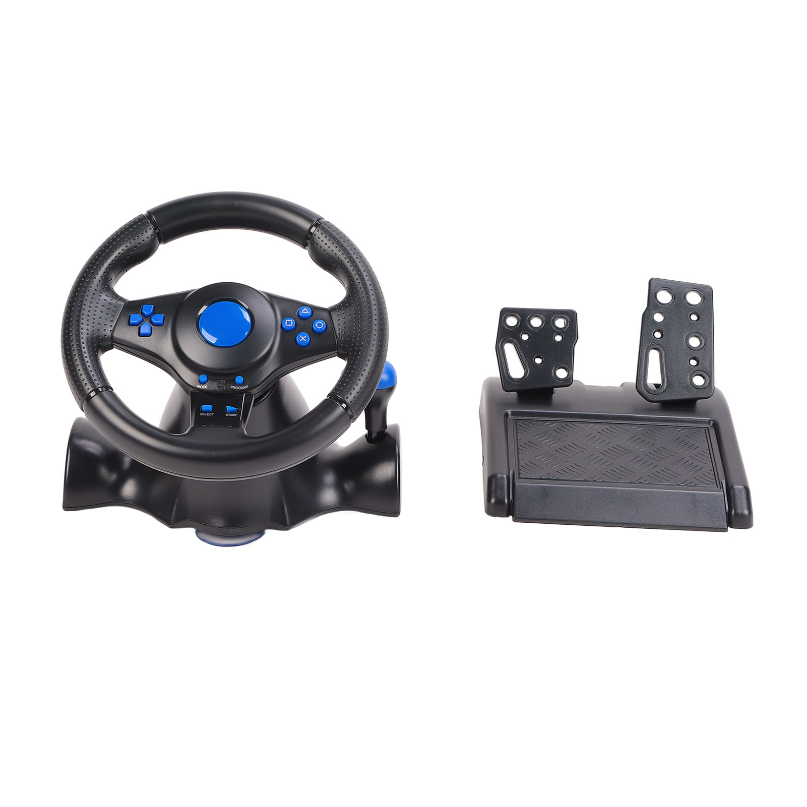 Schwarzes Gaming-Lenkrad mit blauen Akzenten und separaten Pedalen auf weißem Hintergrund.