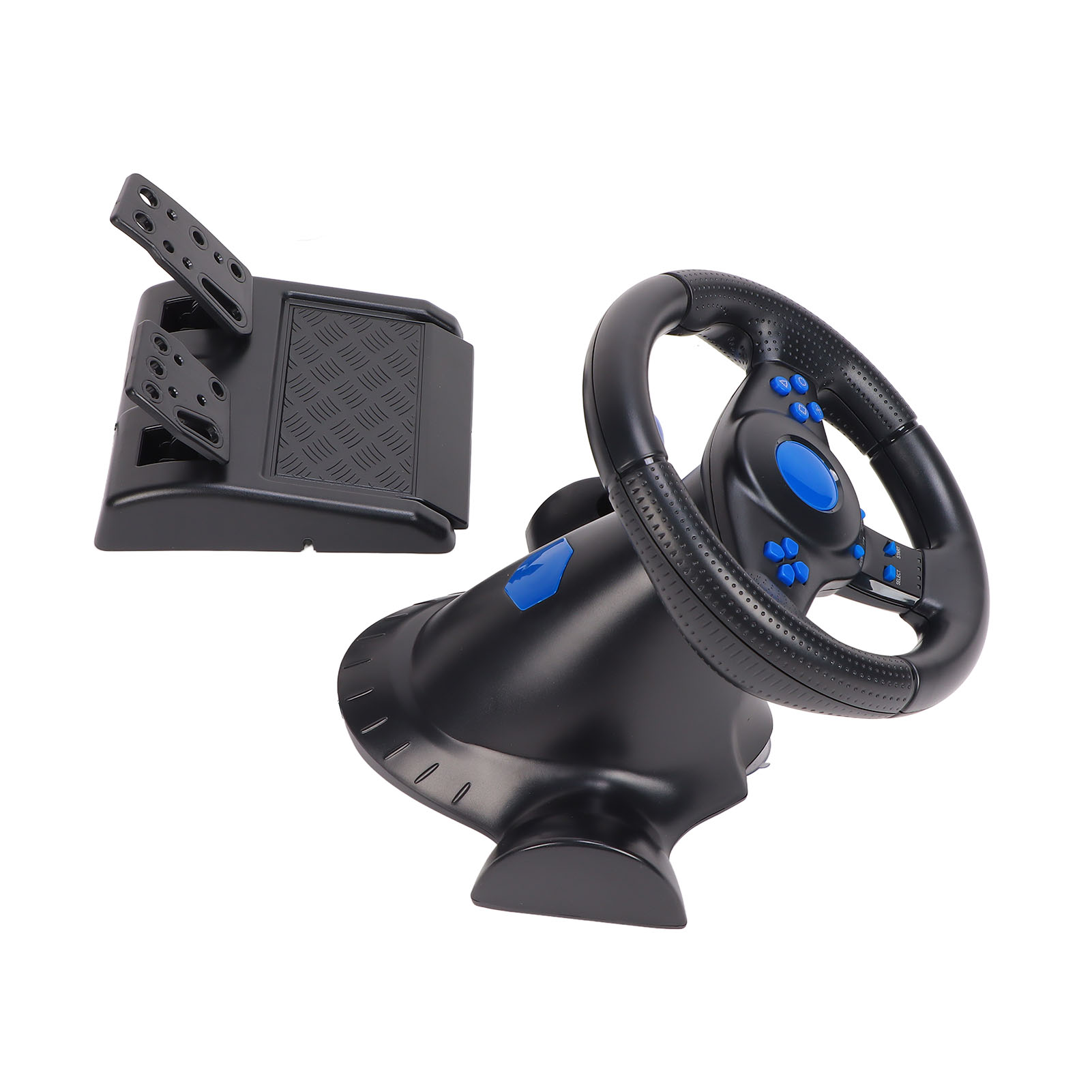 Ein schwarzes Rennlenkrad mit blauen Tasten und passendem Pedalsatz auf weißem Hintergrund.