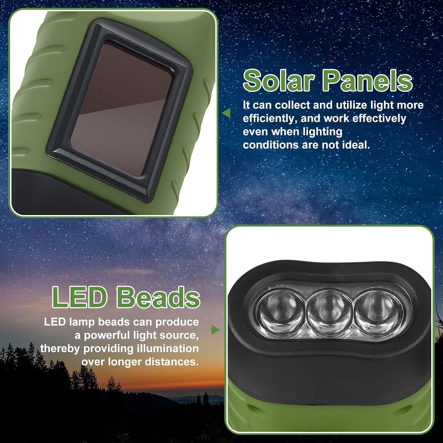 Ein grünes Gerät mit Solarpanel und drei LED-Lichtern vor nächtlichem Sternenhimmel und erklärendem Text.