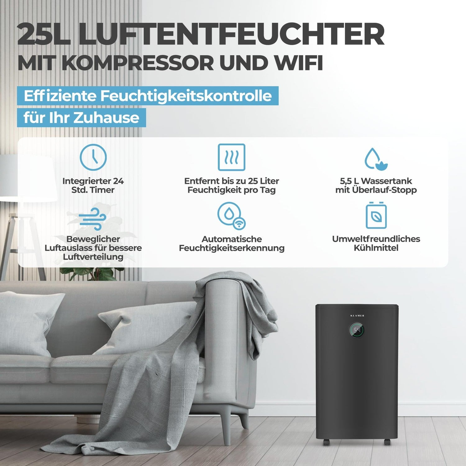 Ein schwarzer Luftentfeuchter steht neben einem Sofa in einem modernen Wohnzimmer mit erklärenden Infografiken.