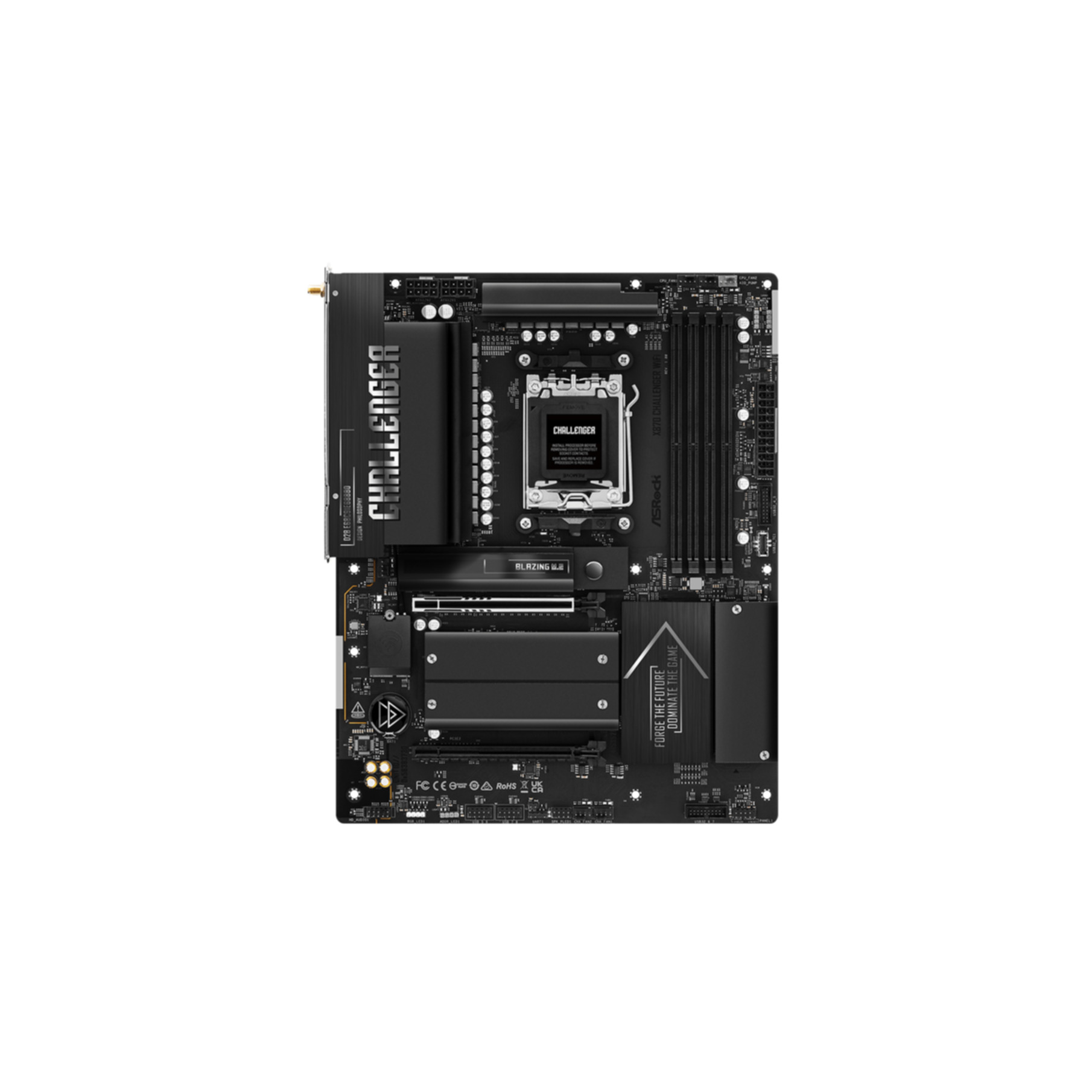 Ein schwarzes Mainboard mit silbernen Akzenten, Kühlkörpern und dem Schriftzug CHALLENGER auf einem der Heatsinks.