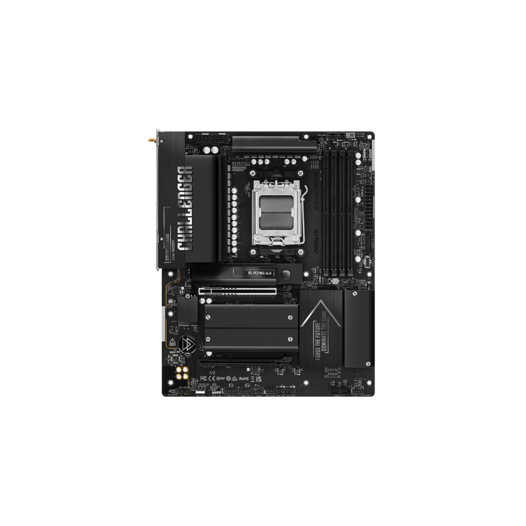 Schwarzes ASRock X870 Challenger Mainboard mit CPU-Sockel, Kühlkörpern und PCIe-Slots auf weißem Hintergrund.