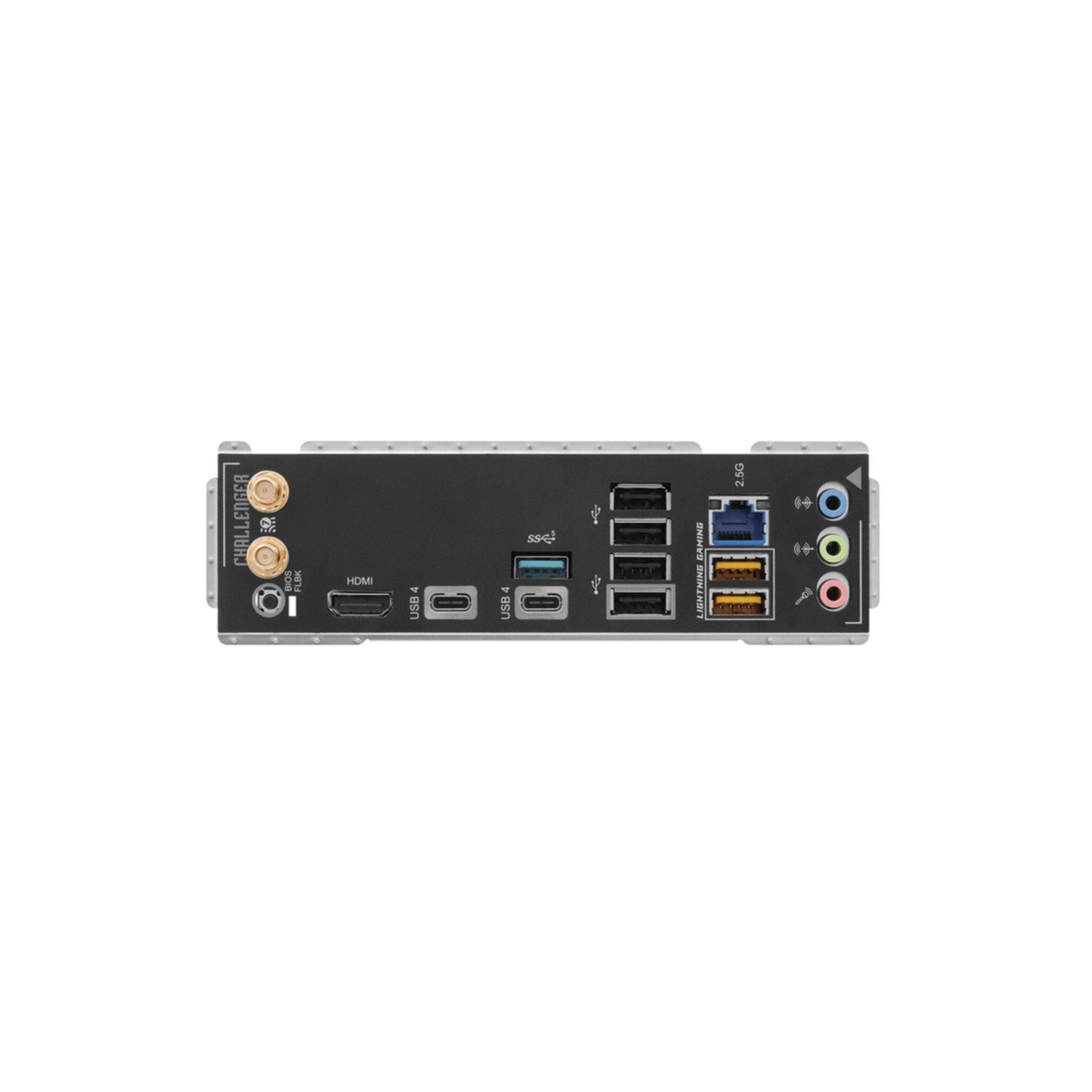 Rückseite eines Motherboards mit verschiedenen Anschlüssen wie USB, HDMI, Audio und Netzwerk auf schwarzem Grund.