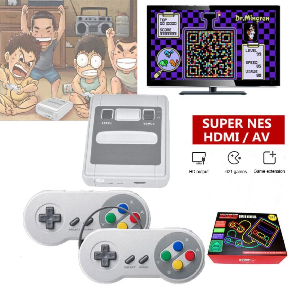 Super NES HDMI-Spielkonsole mit zwei Controllern, Spielkarton und Illustration von vier spielenden Jungen.