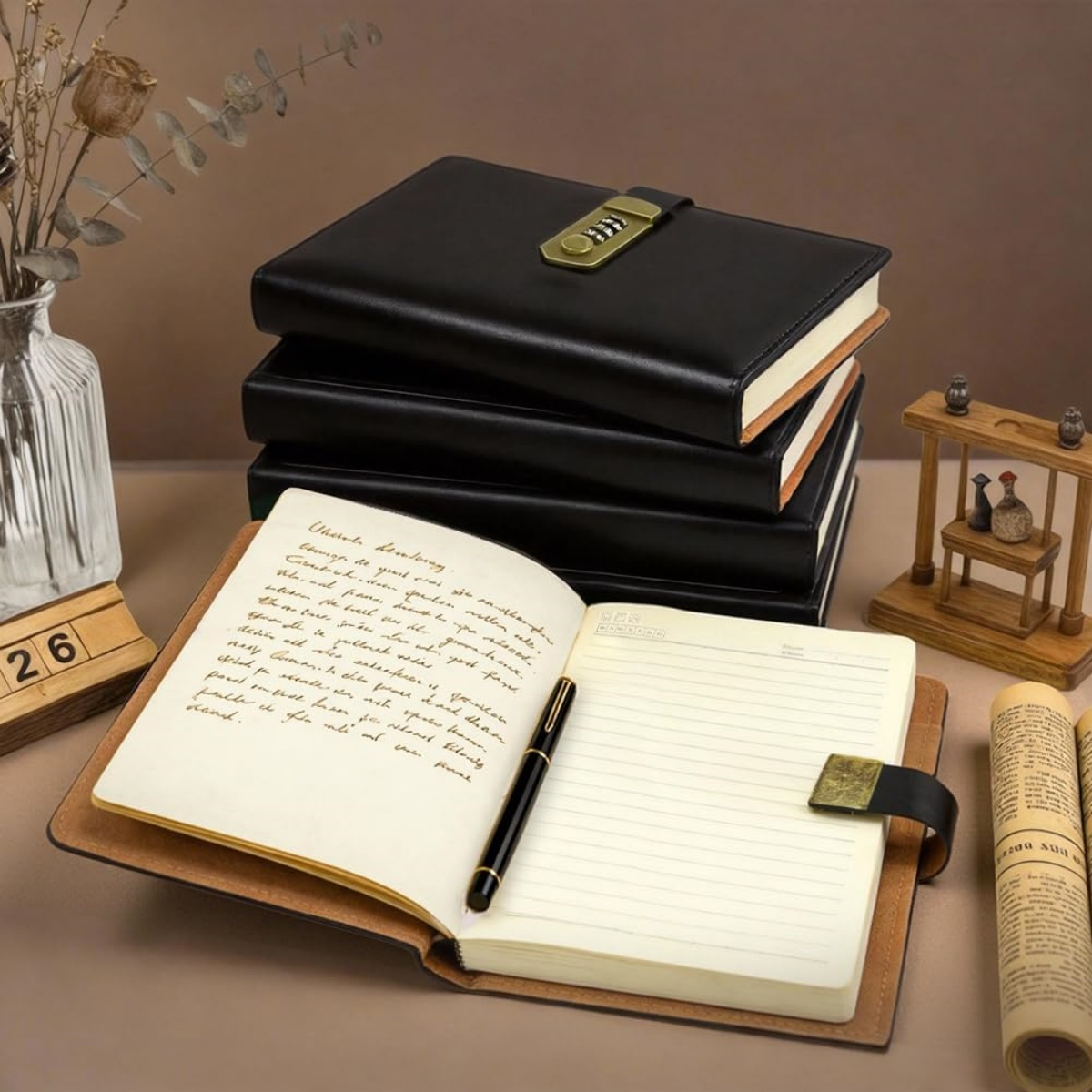 Stapel schwarzer Notizbücher mit Zahlenschloss, ein offenes Buch mit Füller, ein Holzkalender und eine Schriftrolle.