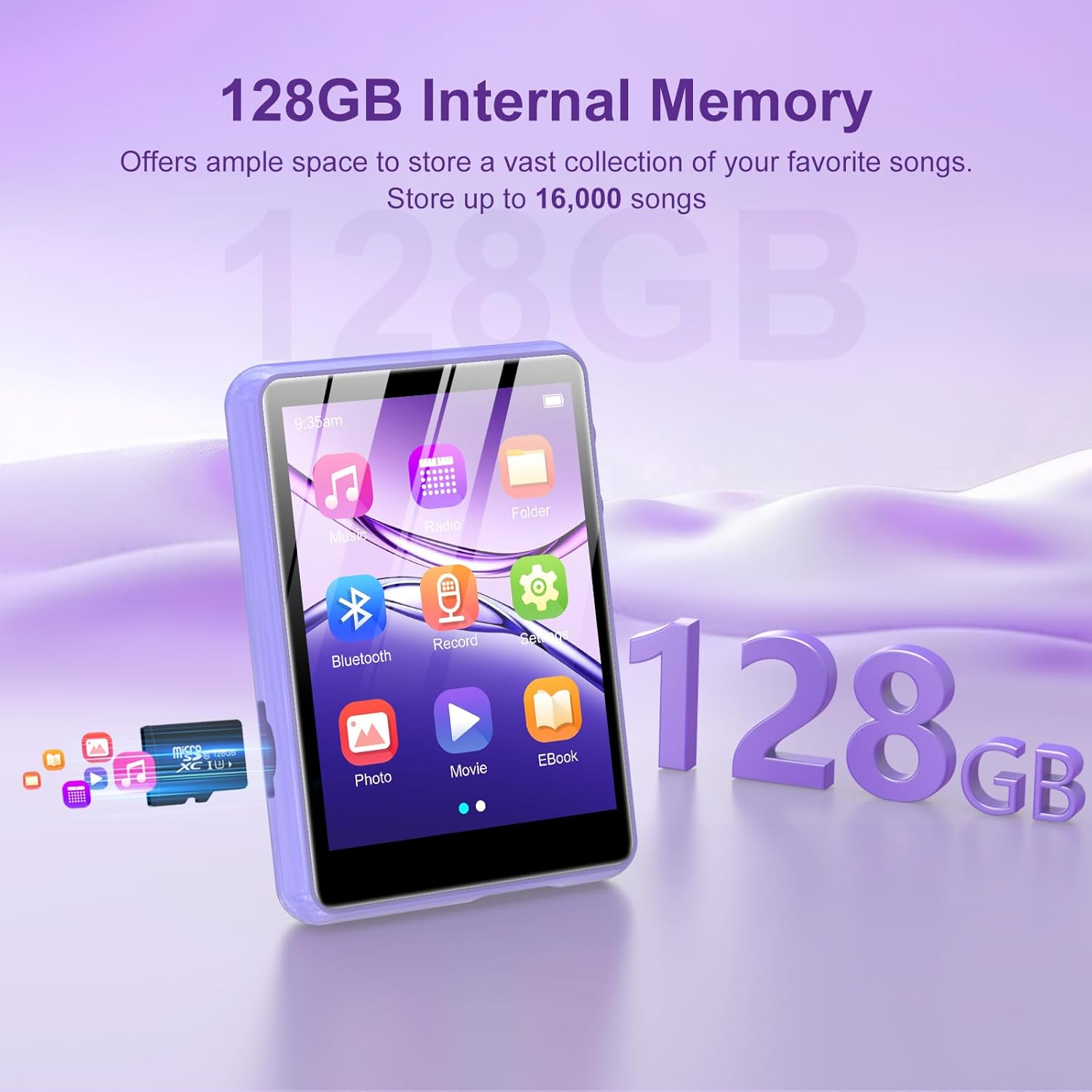 Ein lilafarbener MP3-Player mit Touchscreen und 128 GB internem Speicher auf einem glänzenden Untergrund.