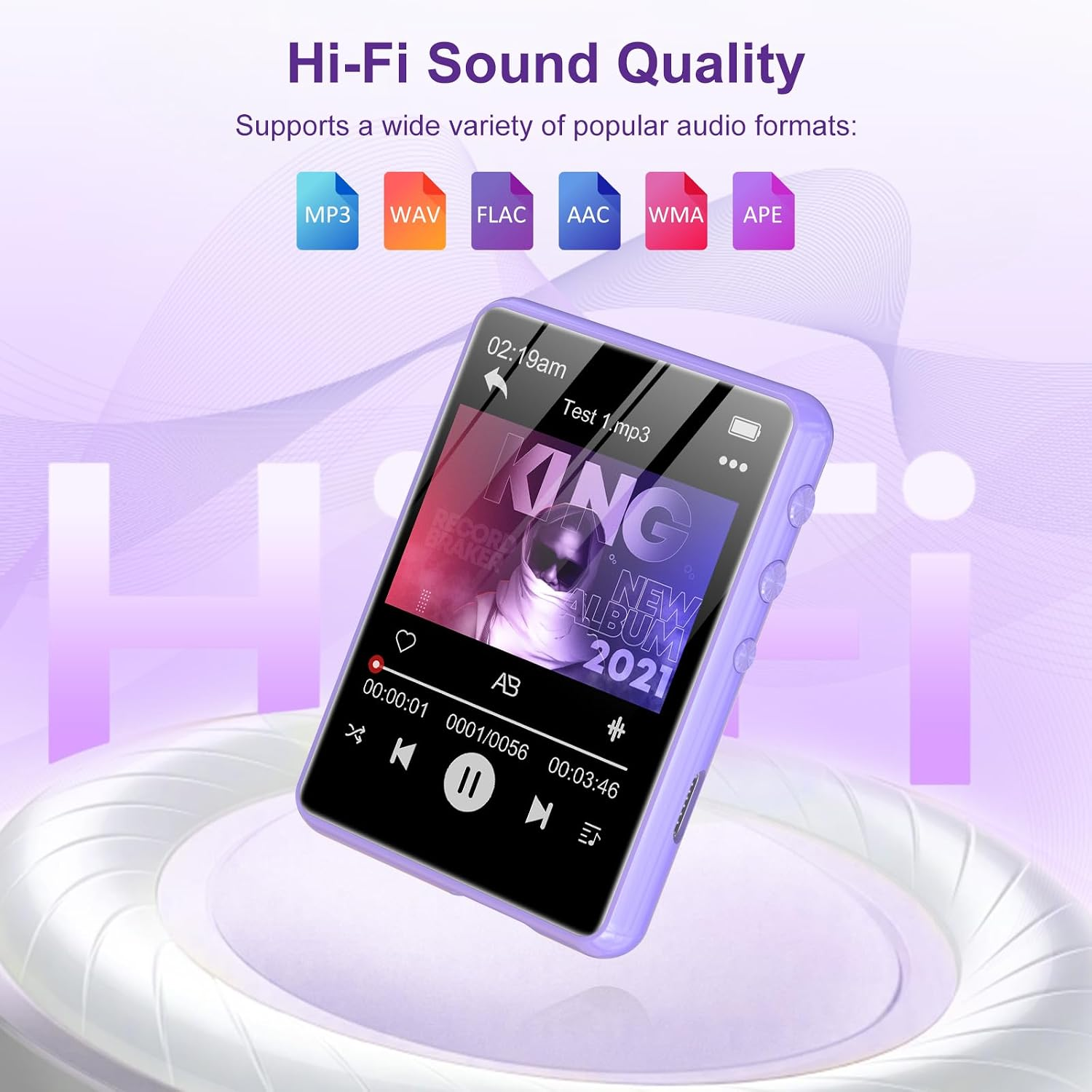 Ein lila MP3-Player mit Audioformat-Symbolen darüber vor hellem Hintergrund.