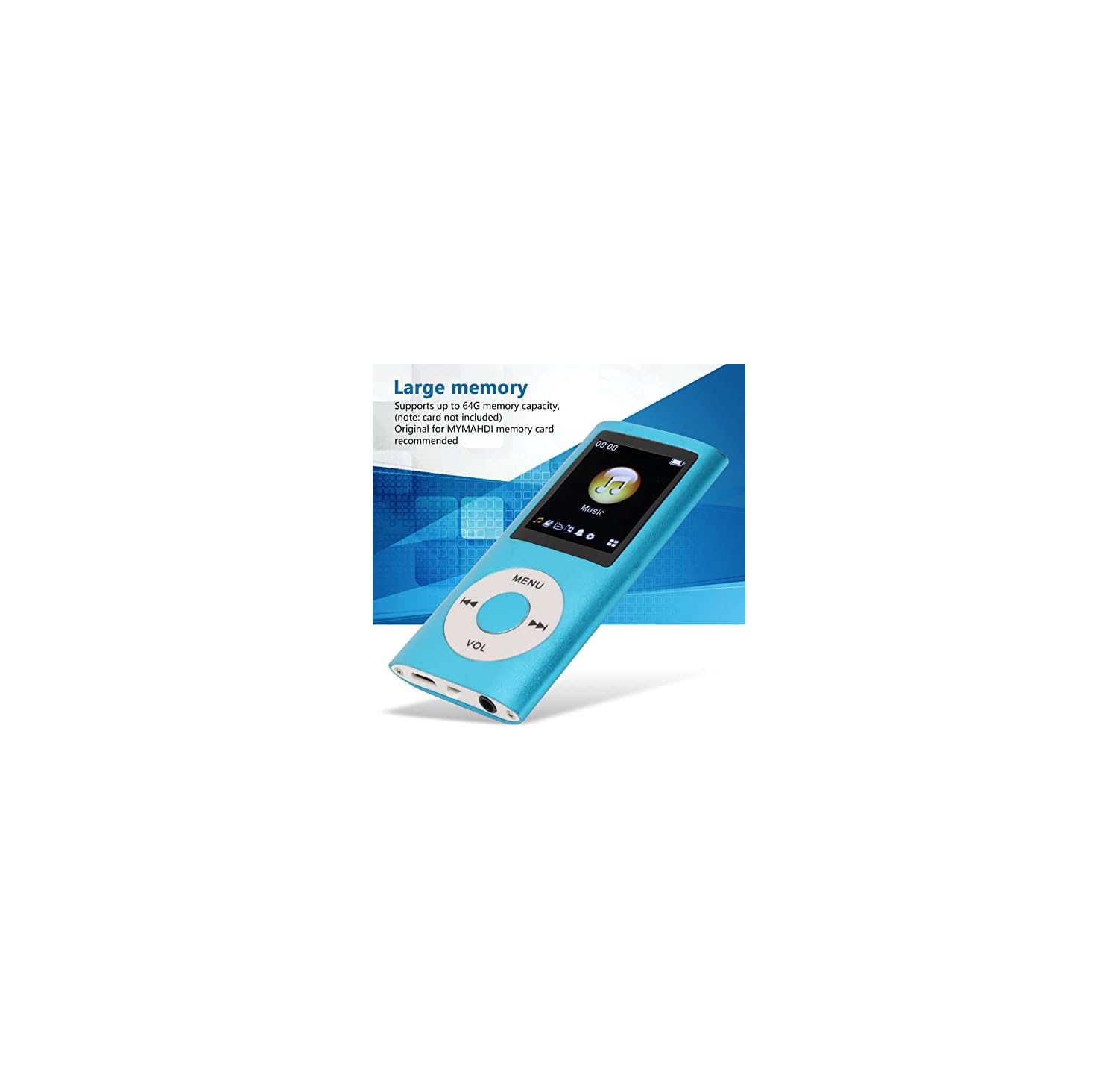 Ein blauer MP3-Player mit Farbdisplay und kreisrunden Bedientasten vor einem blauen Hintergrund mit Text.