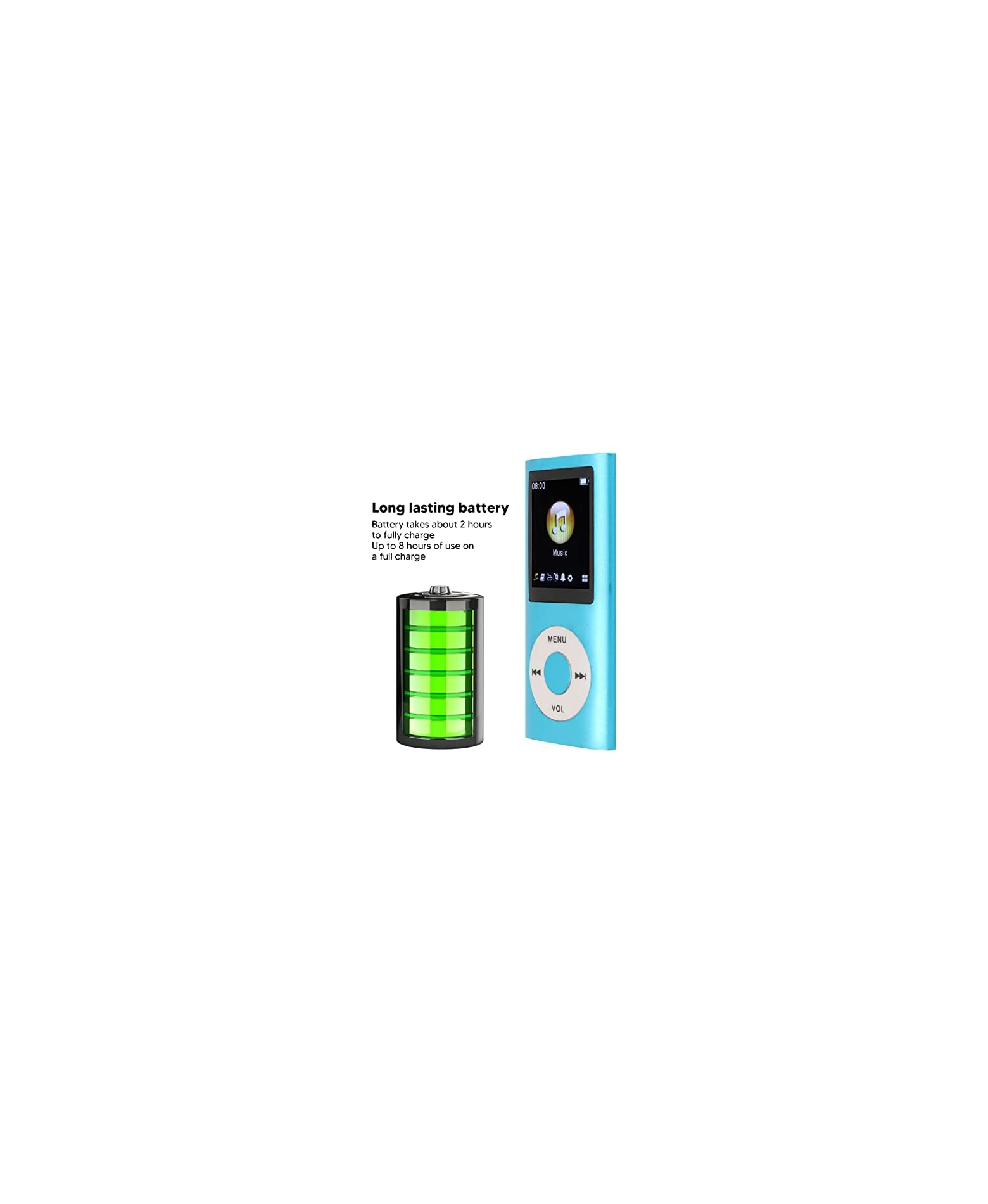 Ein blauer MP3-Player neben einem Batterie-Symbol mit grünem Füllstand und Text zur Akkulaufzeit.