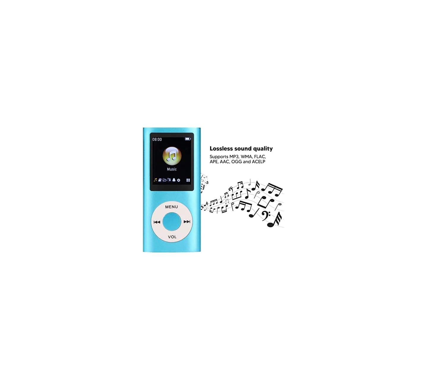 Ein blauer MP3-Player mit Musiknoten und Text über verlustfreie Klangqualität.