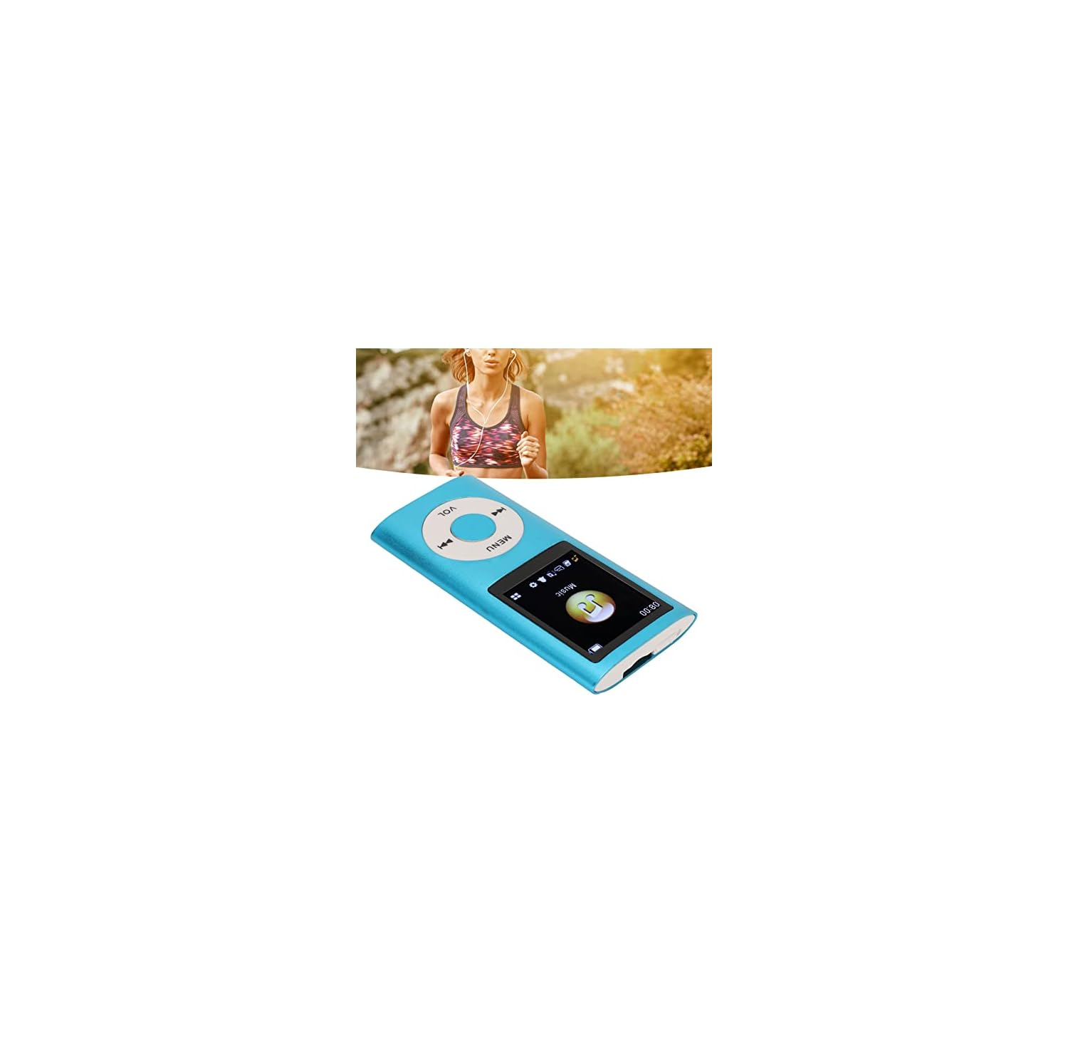 Ein blauer MP3-Player mit Display und Steuertasten vor einem Hintergrund, der eine Joggerin zeigt.