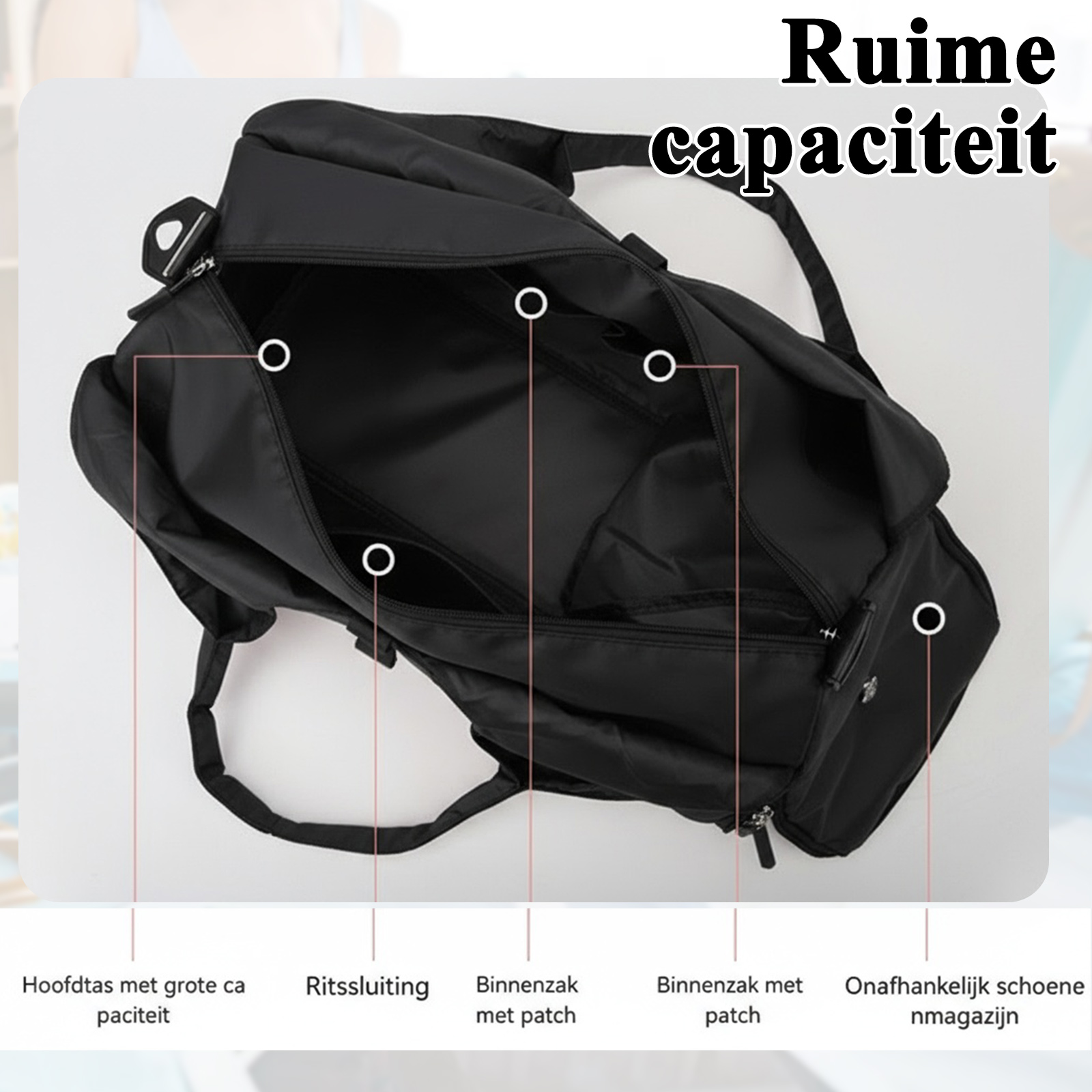 Eine offene schwarze Sporttasche zeigt Linien, die auf innere Taschen und Reißverschlüsse verweisen.