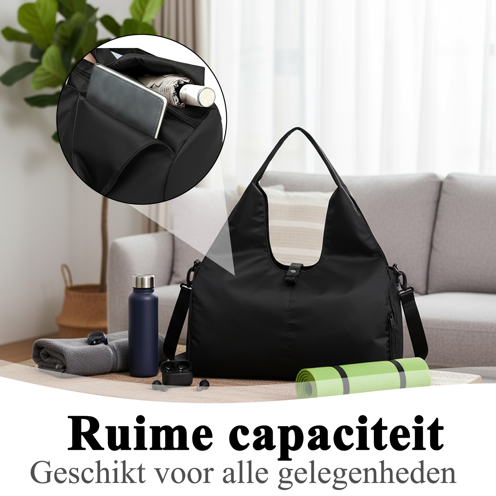 Schwarze Sporttasche auf Holztisch mit Zubehör, Detailansicht zeigt Innentasche mit Buch und Schirm.