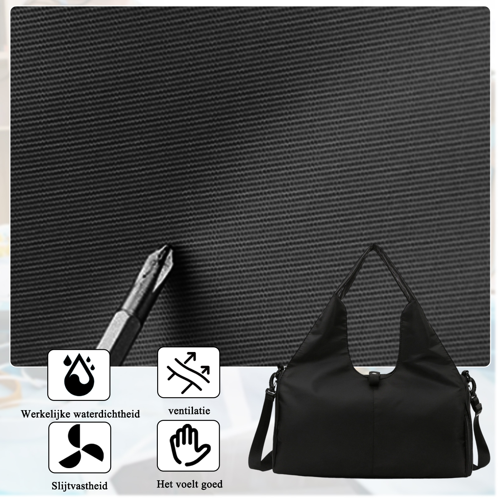 Schwarze Handtasche mit Textur und vier Symbolen für Wasserdichtigkeit, Belüftung, Haltbarkeit und angenehmes Gefühl.