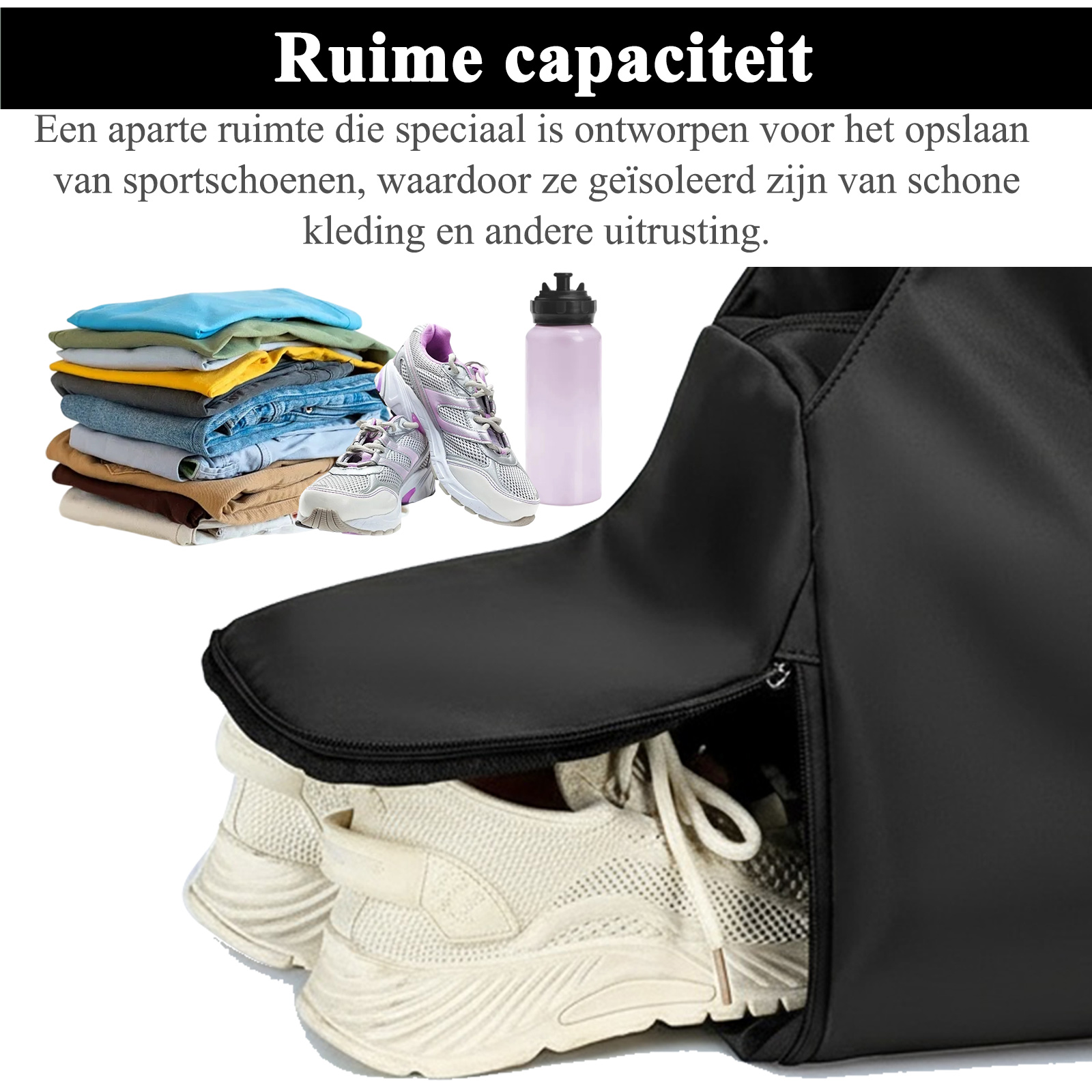 Eine Sporttasche mit separatem Fach für Sportschuhe, daneben Kleidung und eine Flasche.