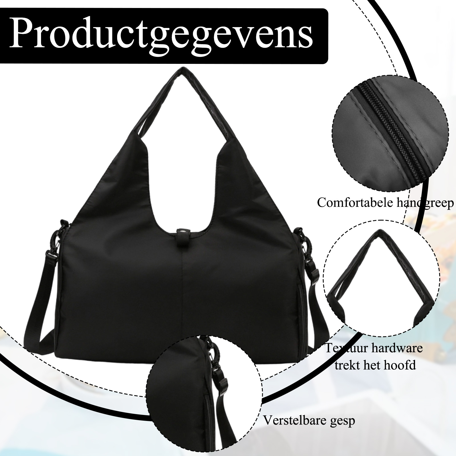Schwarze Handtasche mit Details zu Griff, Reißverschluss und verstellbarer Schnalle.