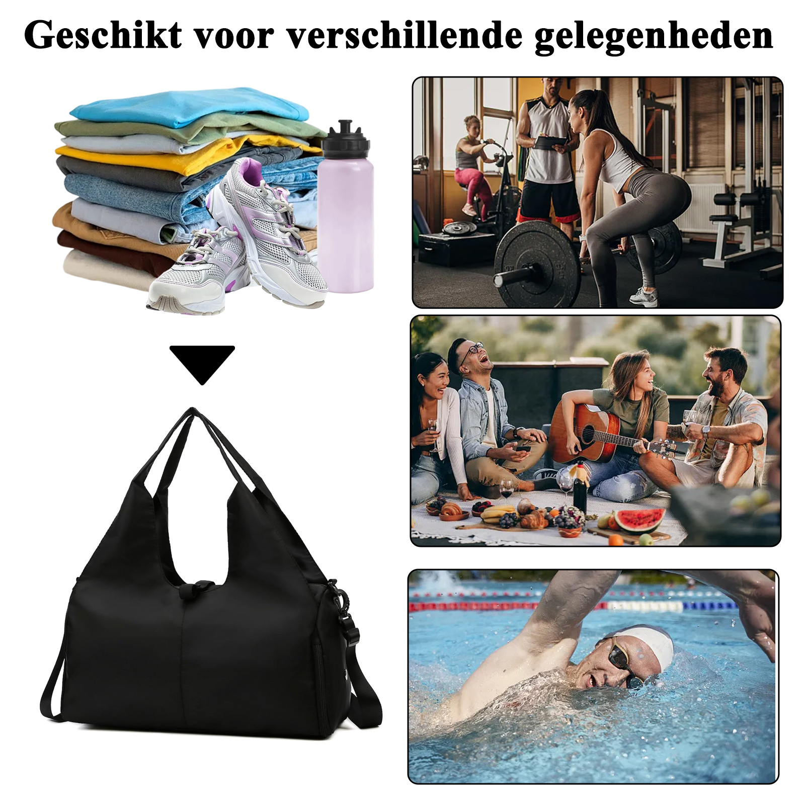 Eine schwarze Reisetasche unter Kleidung, Flasche, Sneakern und Lifestyle-Bildern von Fitness, Picknick und Schwimmen.