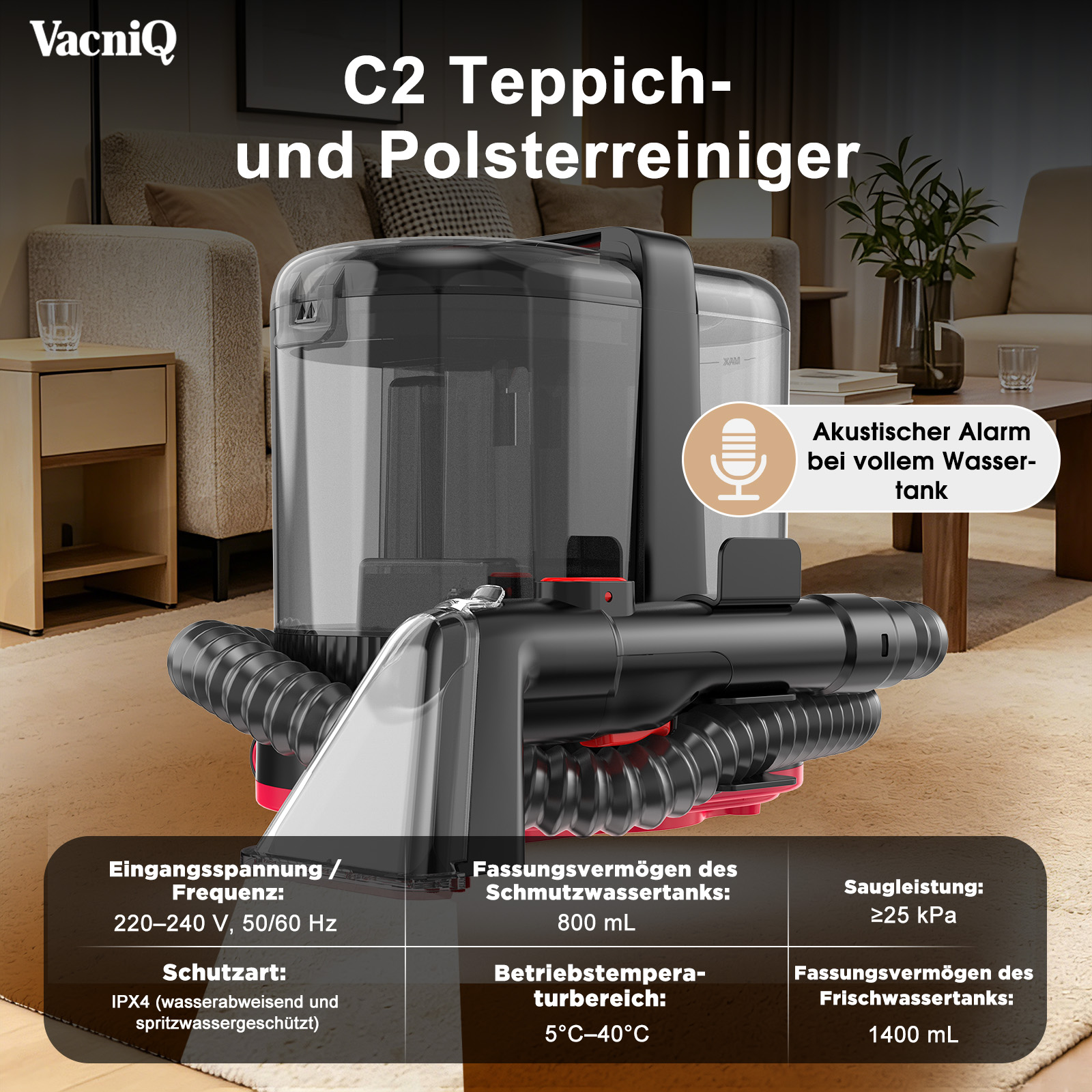 Eine schwarze und transparente Teppichreinigungsmaschine in einem Wohnzimmer, mit deutschem Text und technischen Daten.