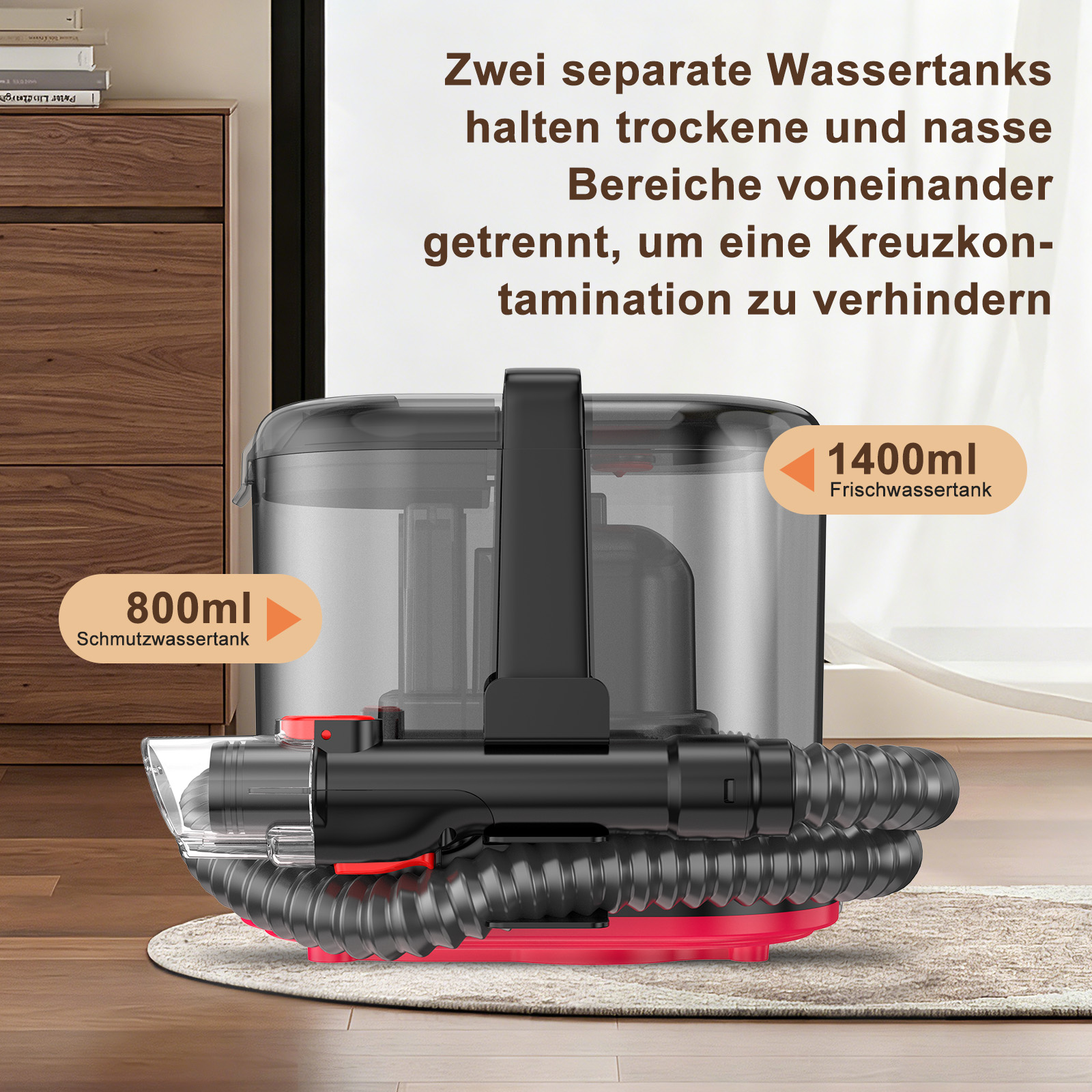 Ein Reinigungsgerät mit zwei Wassertanks, 1400ml Frischwasser und 800ml Schmutzwasser, auf einem Teppich in einem Raum.