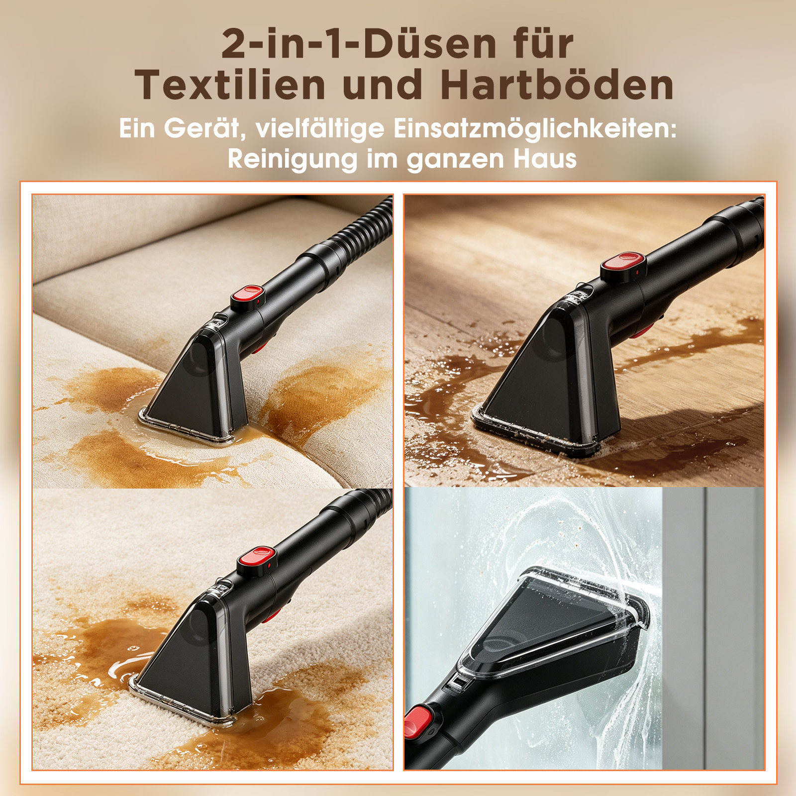 Ein Vakuumaufsatz reinigt Flüssigkeiten auf Sofa, Holz, Teppich und Glas.