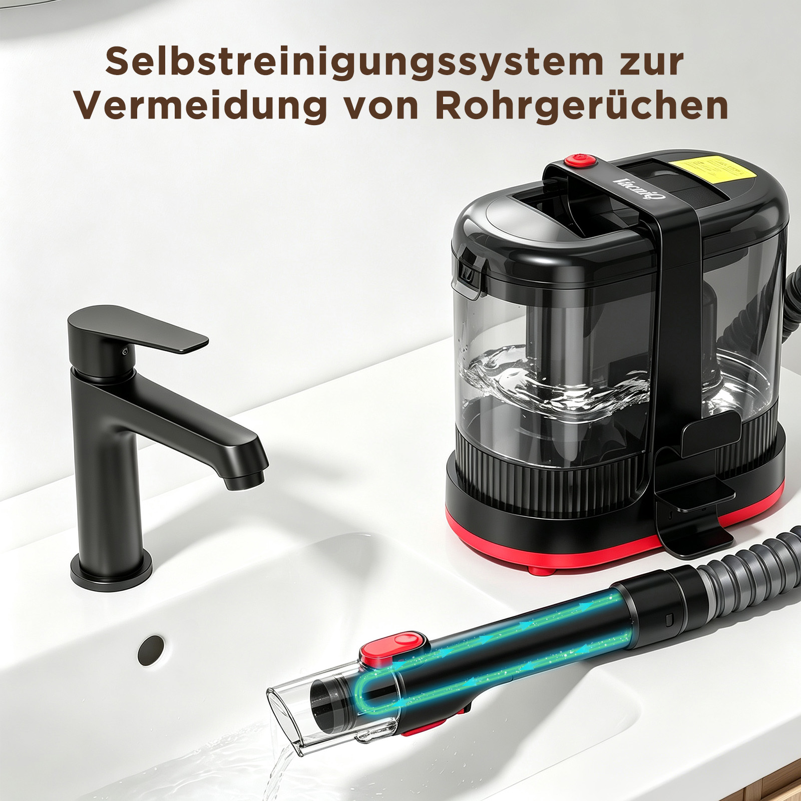Ein schwarzes Selbstreinigungsgerät steht neben einem Waschbecken mit schwarzer Armatur.