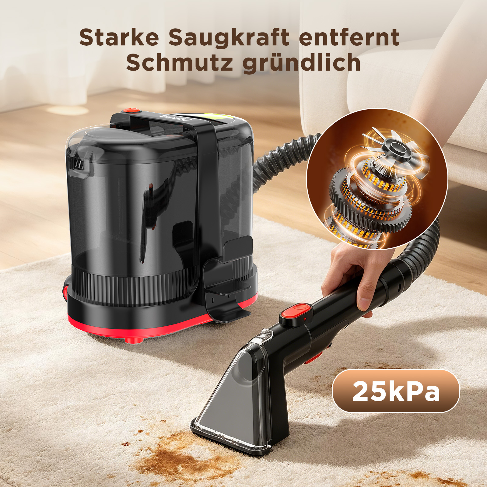 Ein schwarzer Teppichreiniger reinigt einen Fleck, mit einem Einblick in den starken Saugmotor.
