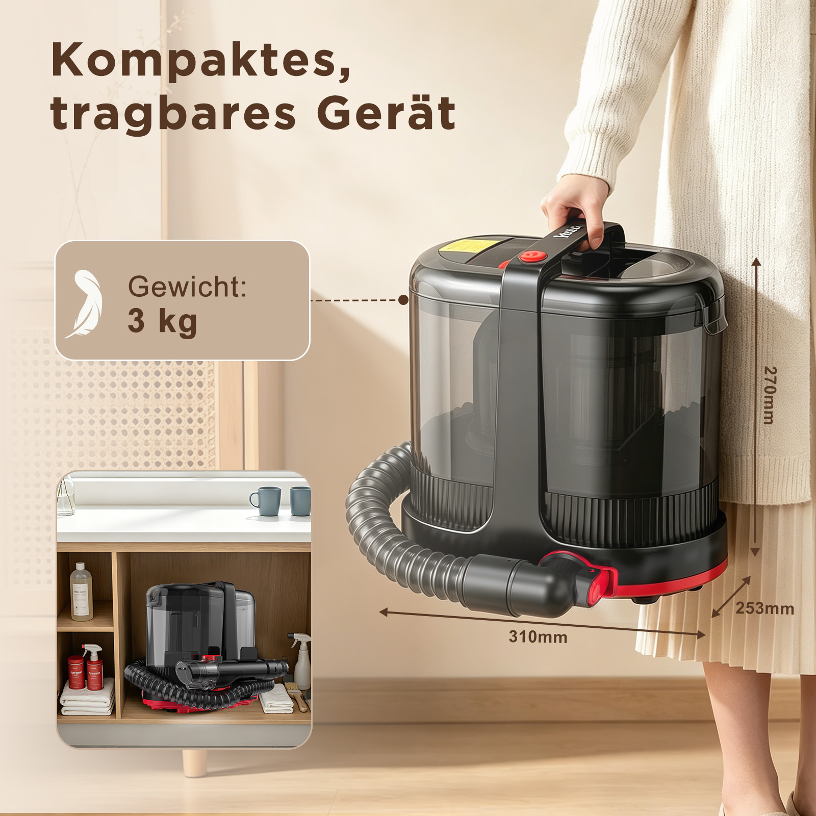Person hält tragbaren schwarzen Staubsauger mit Maßen und Gewicht.