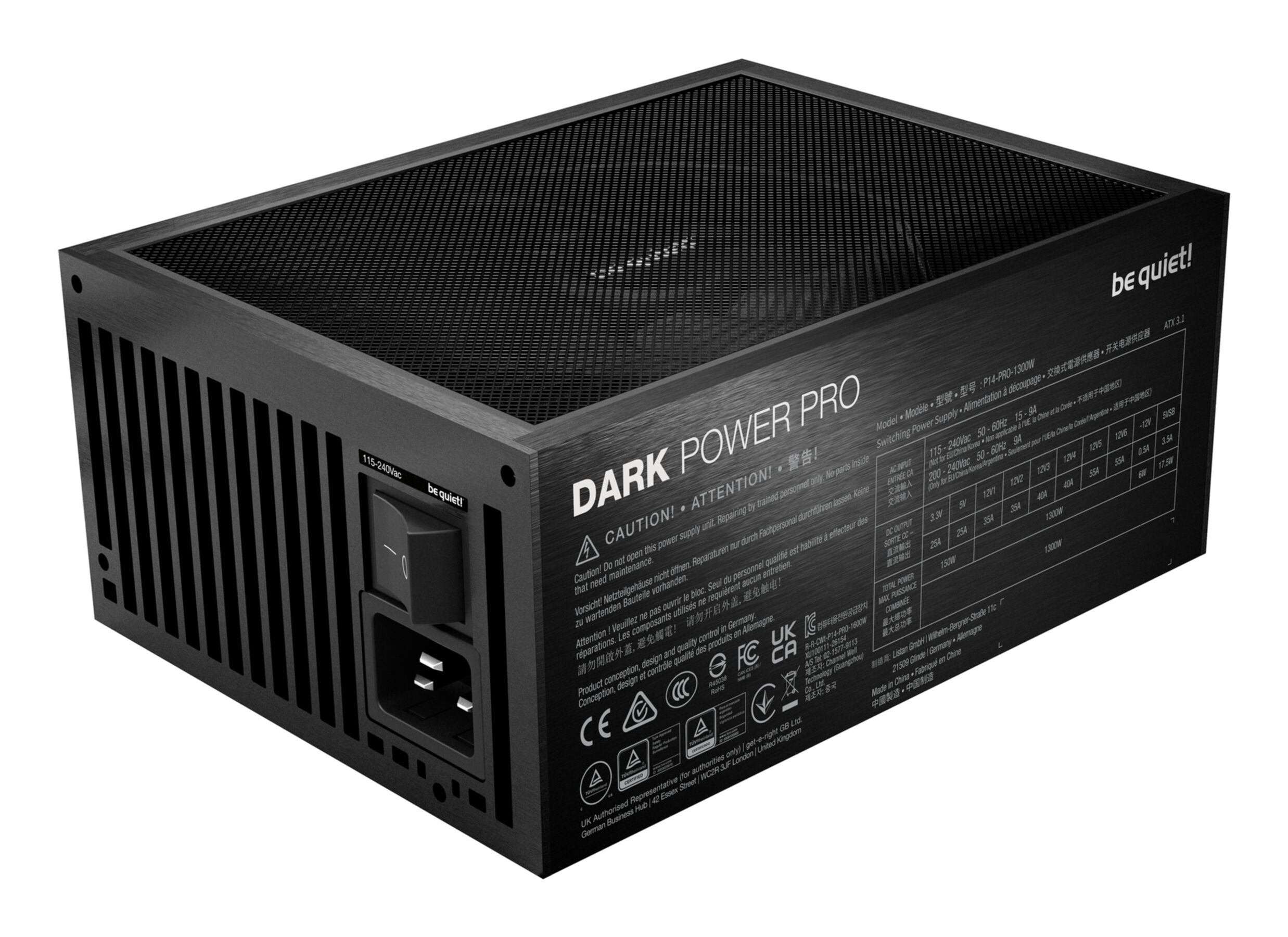 Ein schwarzes "be quiet! Dark Power Pro" PC-Netzteil mit Anschlüssen, Schalter und technischen Daten.