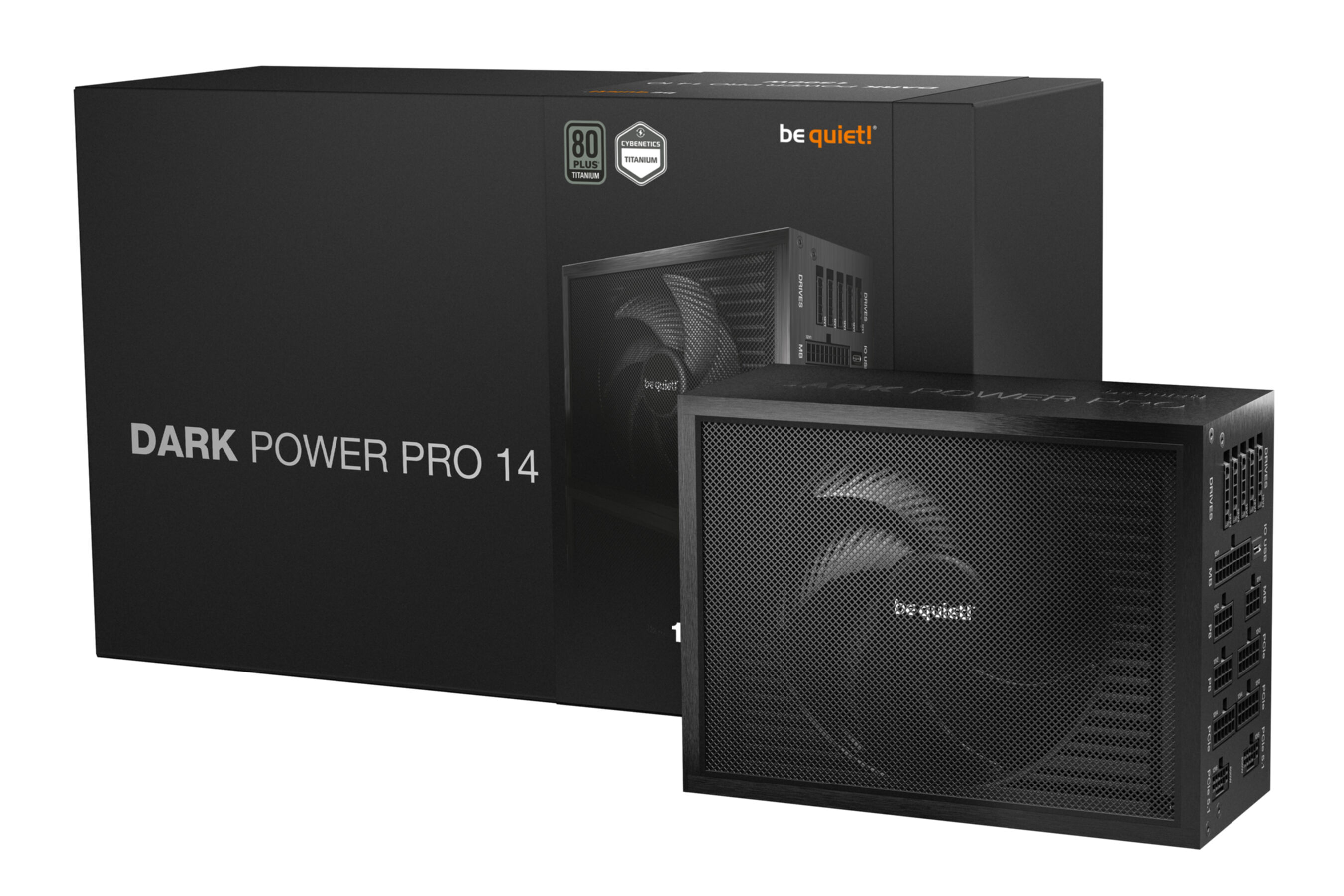 Be quiet! Dark Power Pro 14 Netzteil vor seiner schwarzen Verpackung.