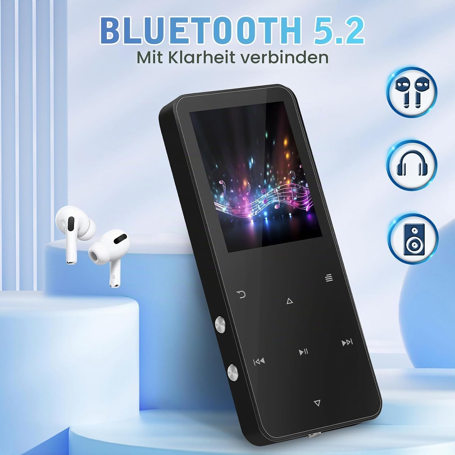 Schwarzer MP3-Player mit Farbdisplay und weißen In-Ear-Kopfhörern auf blauem Hintergrund.