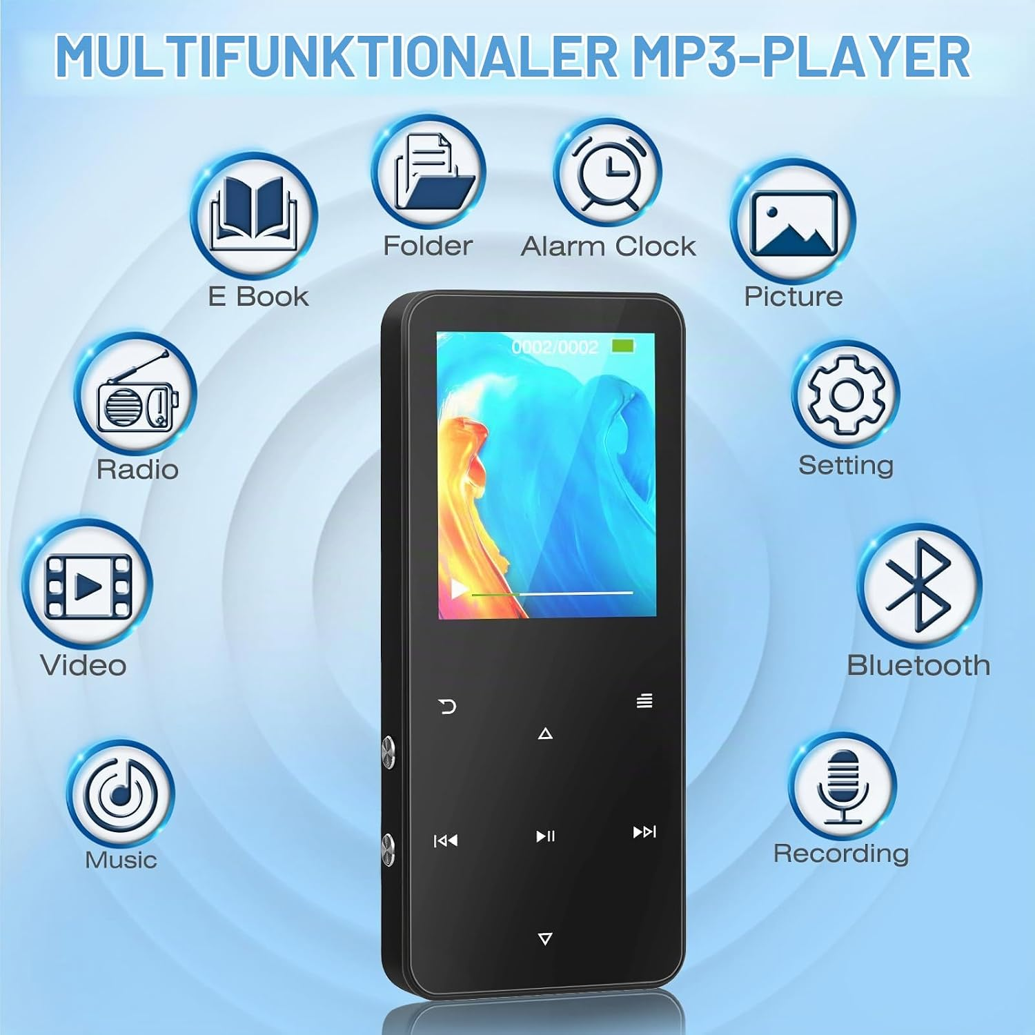 Ein multifunktionaler MP3-Player in der Mitte, umgeben von Icons für Radio, E-Book, Bluetooth und mehr auf blauem Grund.