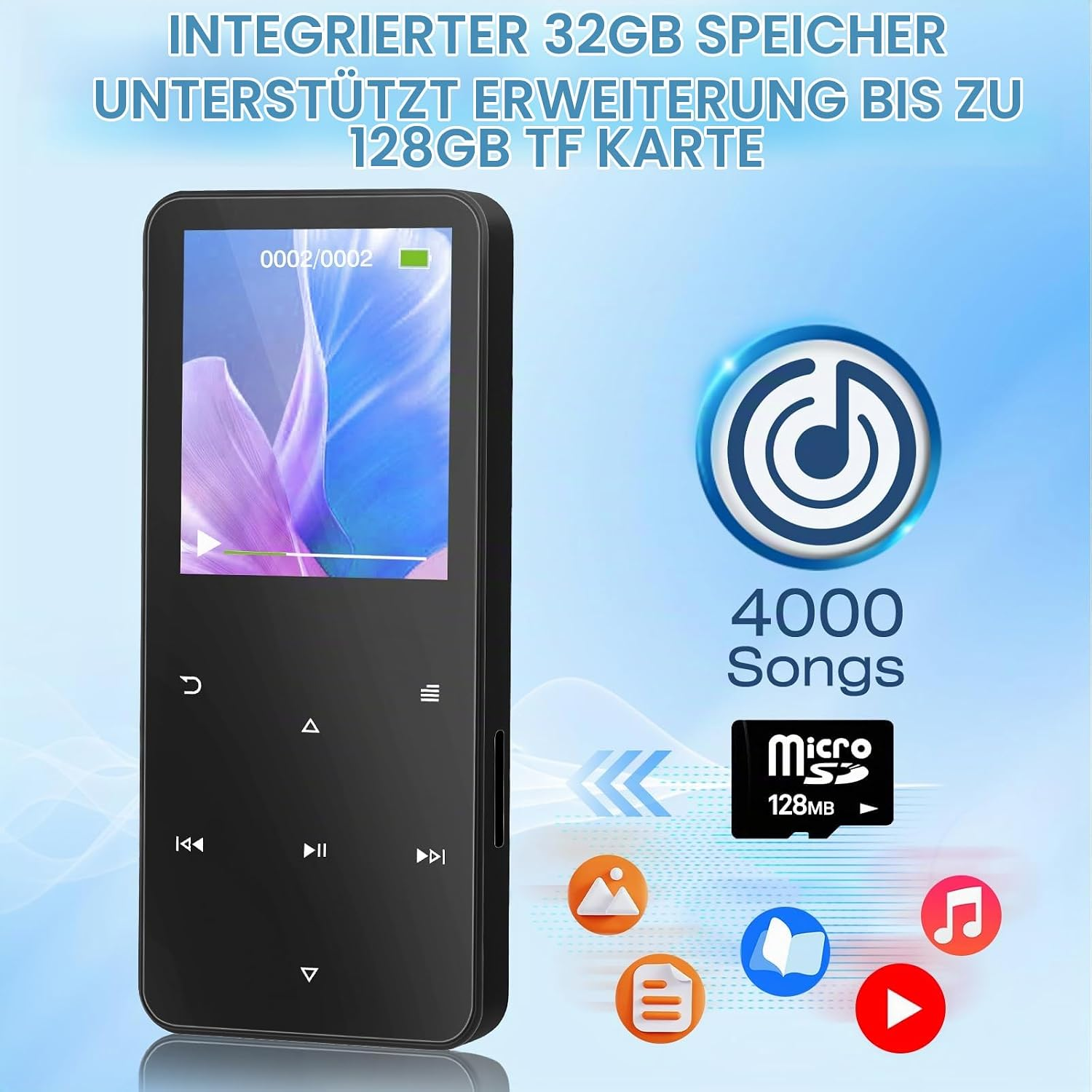 Schwarzer MP3-Player mit 32GB Speicher, erweiterbar auf 128GB, zeigt Lieder und Symbole auf blauem Hintergrund.