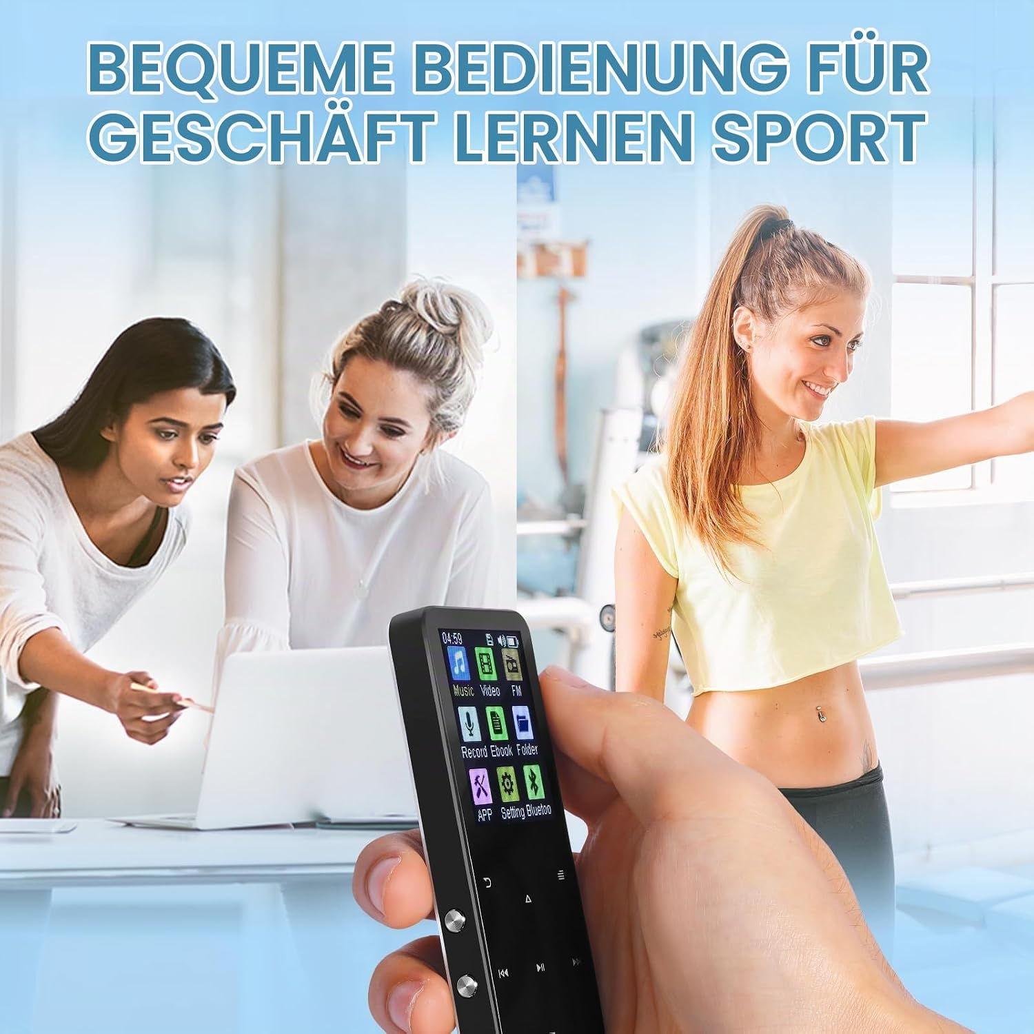 Hand hält MP3-Player vor Hintergrund mit zwei Frauen am Laptop und einer Sportlerin.