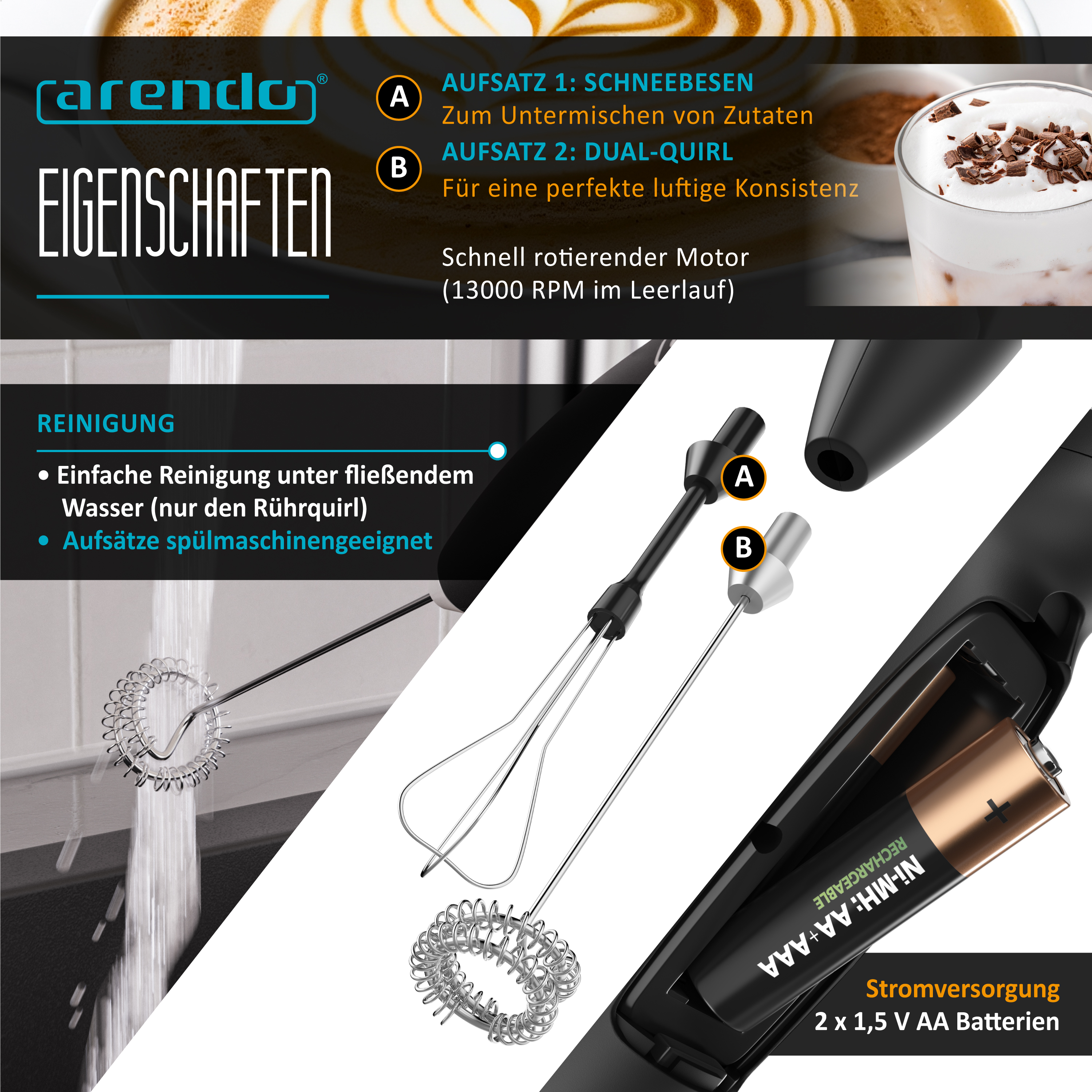 Produktinfo für Arendo Milchaufschäumer mit zwei Aufsätzen, Reinigung unter Wasser und Batteriefach.
