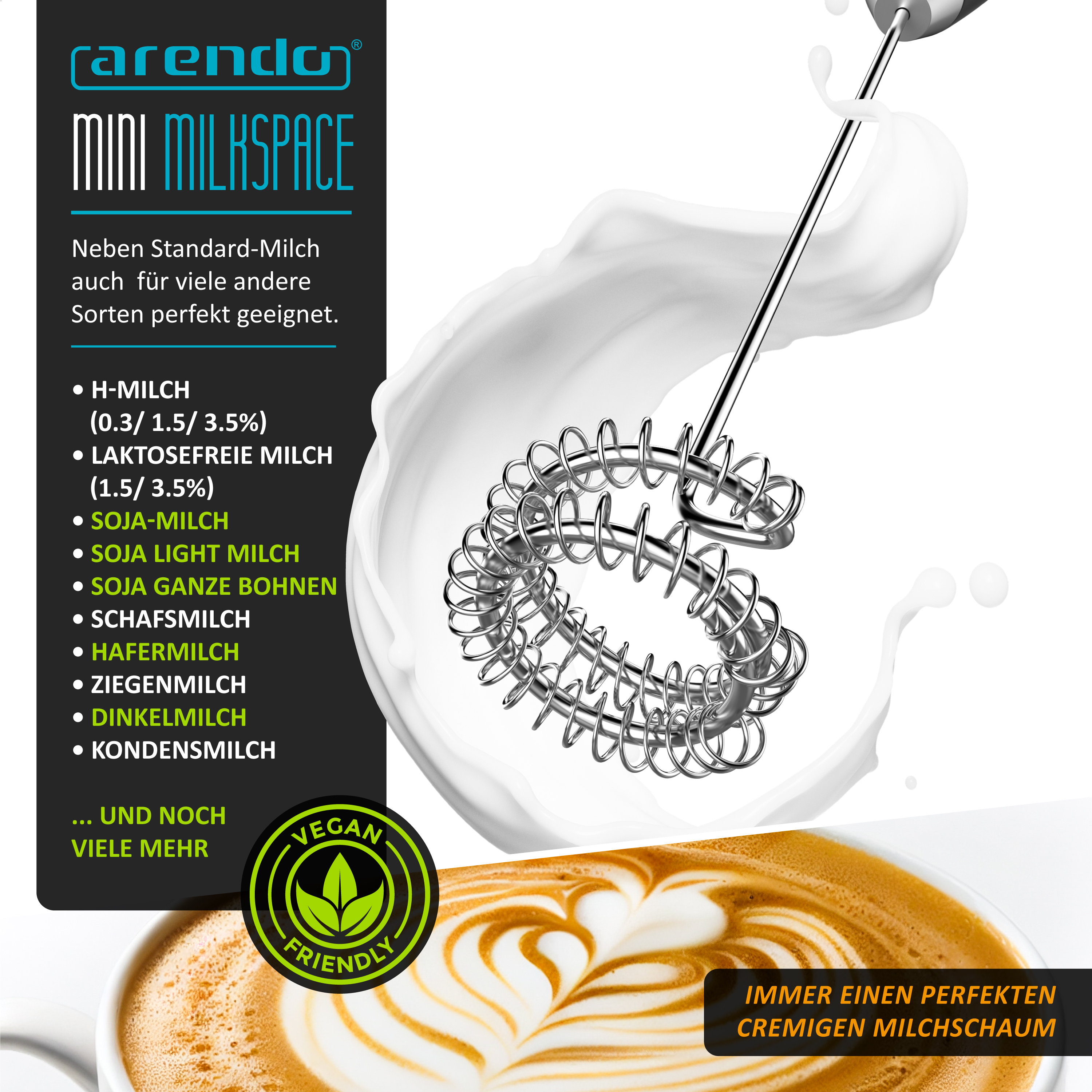 Ein Milchschäumer wirbelt cremigen Schaum über einer Kaffeetasse, mit Text auf der linken Seite.