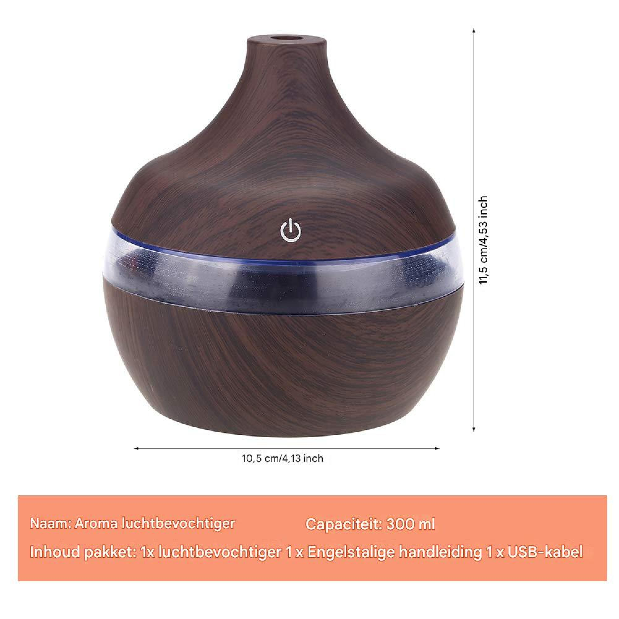 Holzmaserung Aromadiffusor mit Maßen und Text auf orangefarbenem Hintergrund.