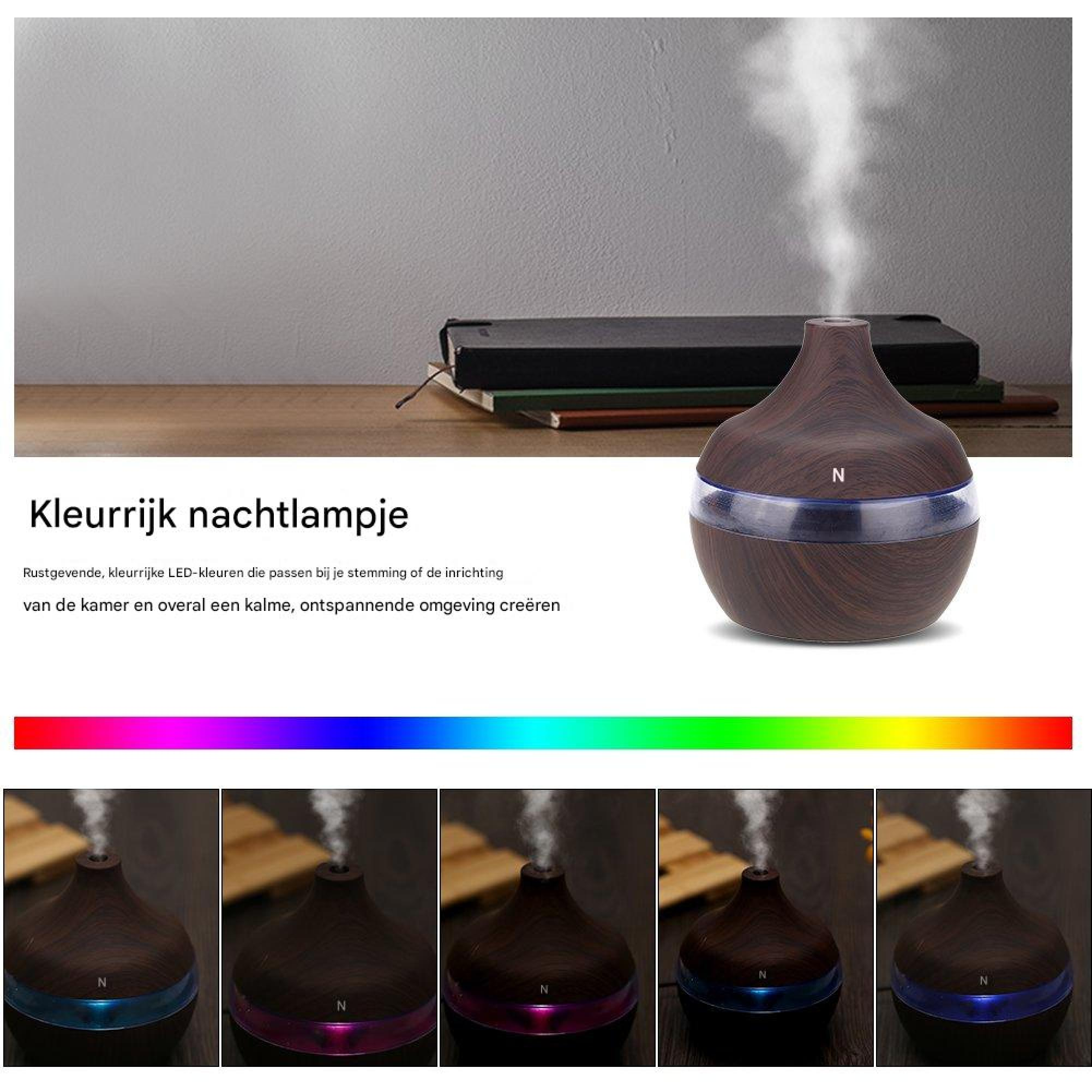 Holzmaserungs-Diffusor mit Dampf, LED-Leiste und Text.