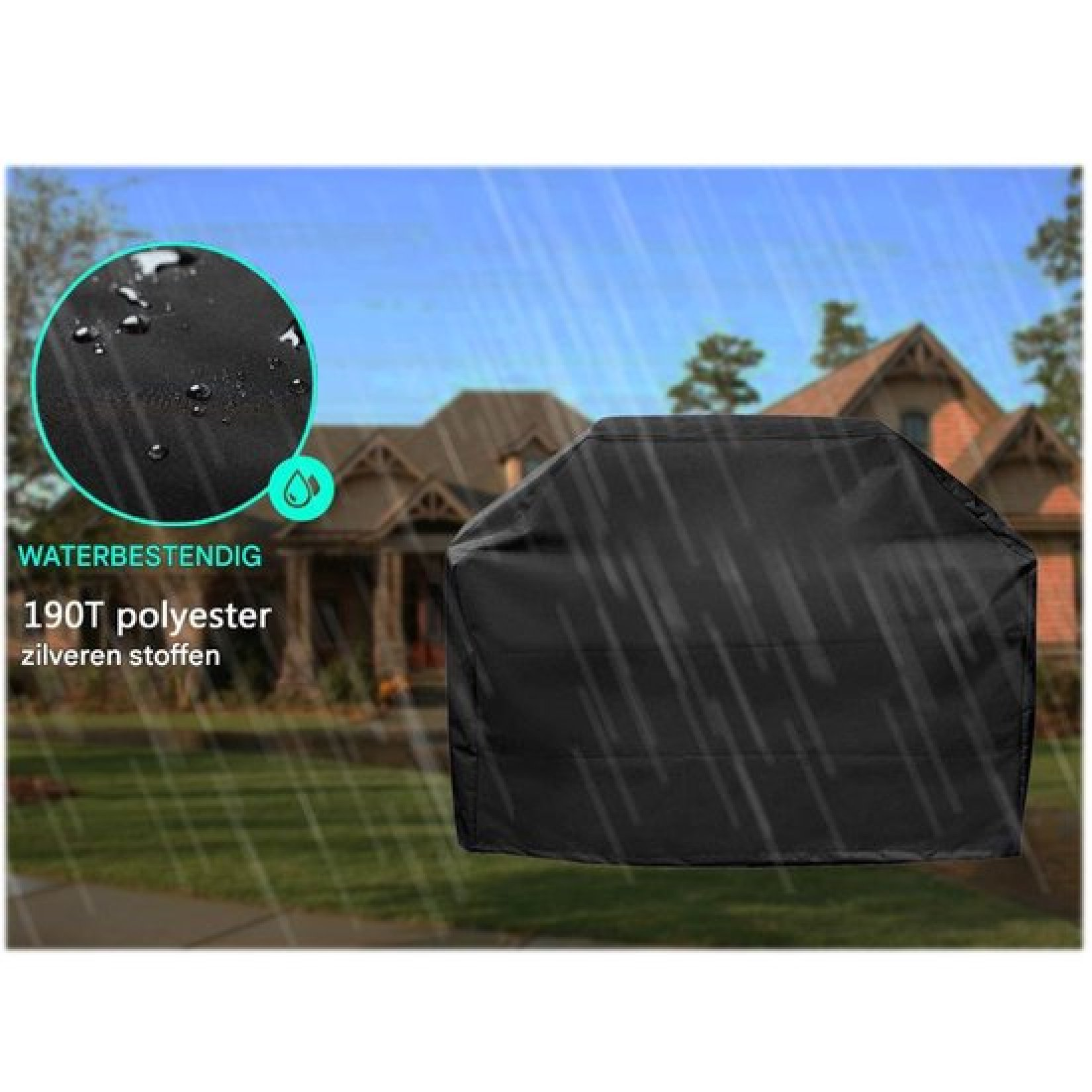 Wasserdichte schwarze Grillabdeckung auf Rasen vor einem Haus im Regen.