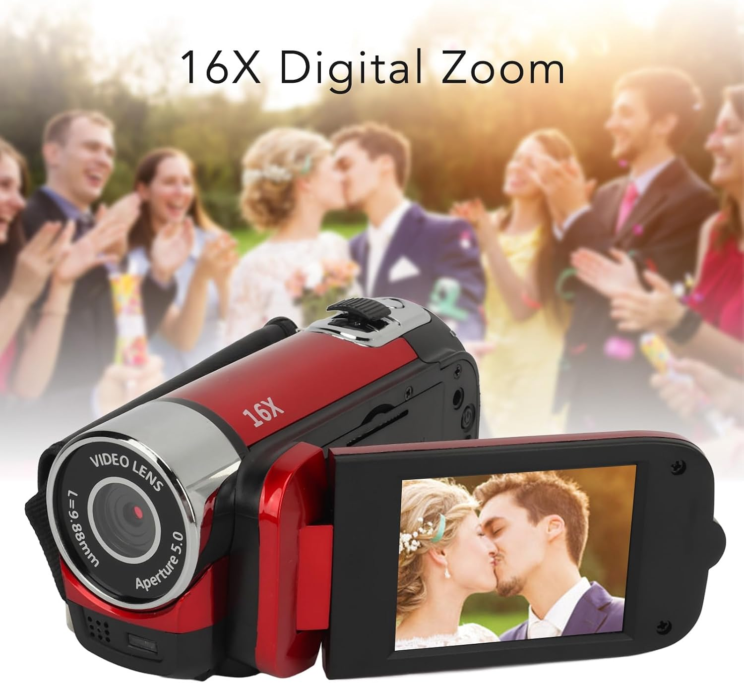 Eine rote und schwarze Videokamera mit ausklappbarem Bildschirm, der ein küssendes Paar vor verschwommener Hochzeit zeigt.